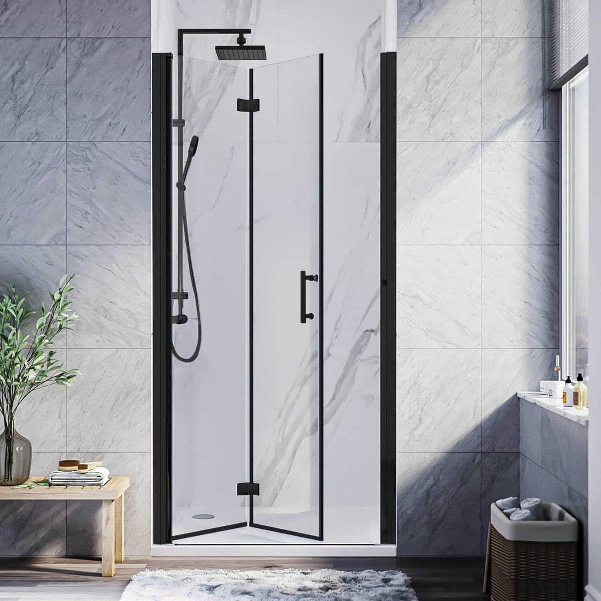 SUNNY SHOWER Semi-Frameless Bifold Shower Door with 1/4 inch Clear Tempered Glass, Black Finish