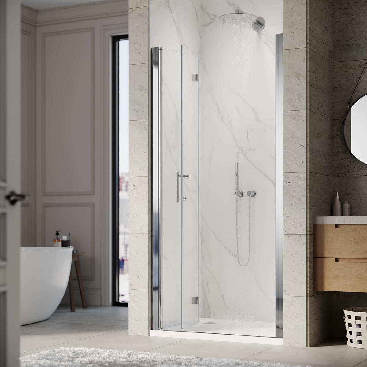 SUNNY SHOWER Semi-Frameless Bifold Shower Door with 1/4 inch Clear Tempered Glass, Chrome Finish