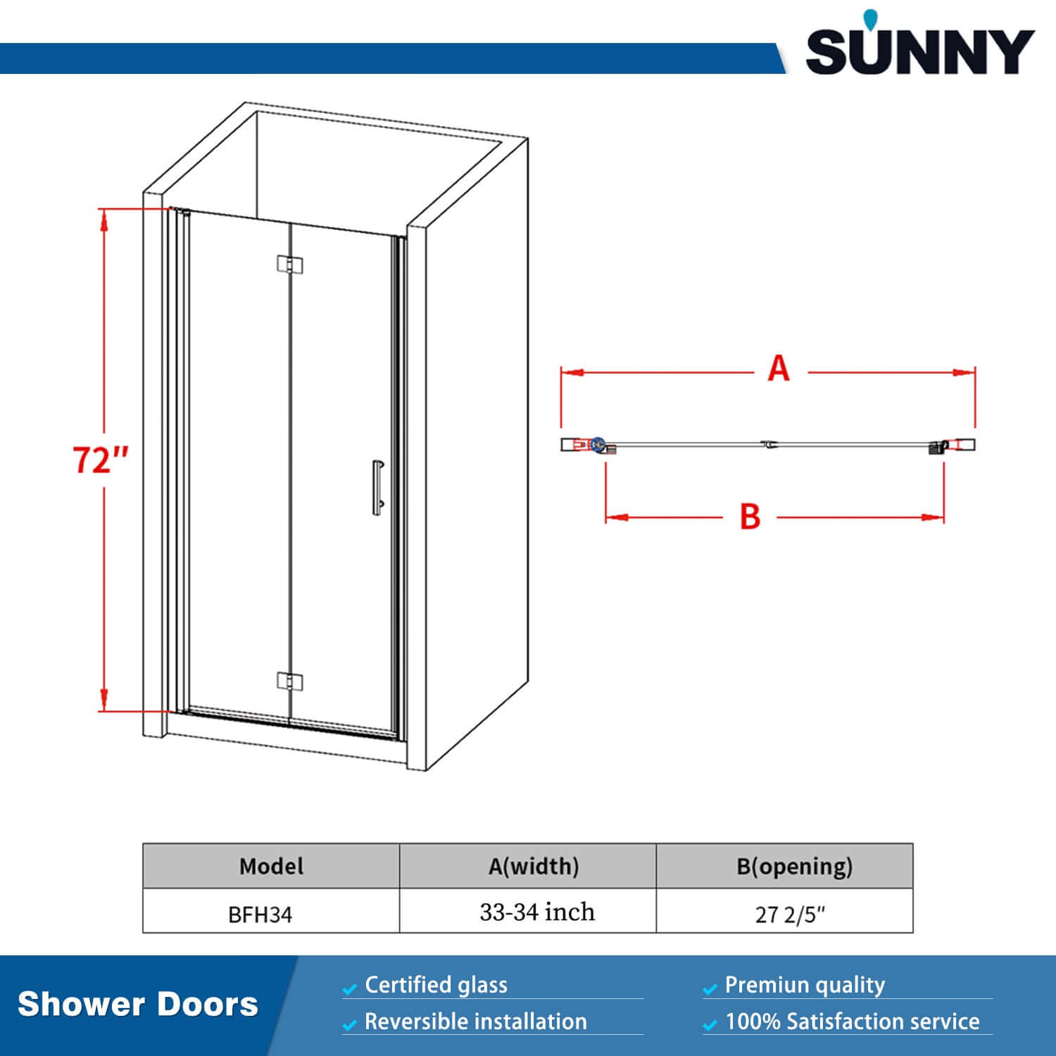 SUNNY SHOWER 34 in. W x 72 in. H Semi-Frameless Bifold Shower Door Size Chart 