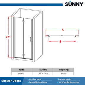 SUNNY SHOWER 34 in. W x 72 in. H Semi-Frameless Bifold Shower Door Size Chart 