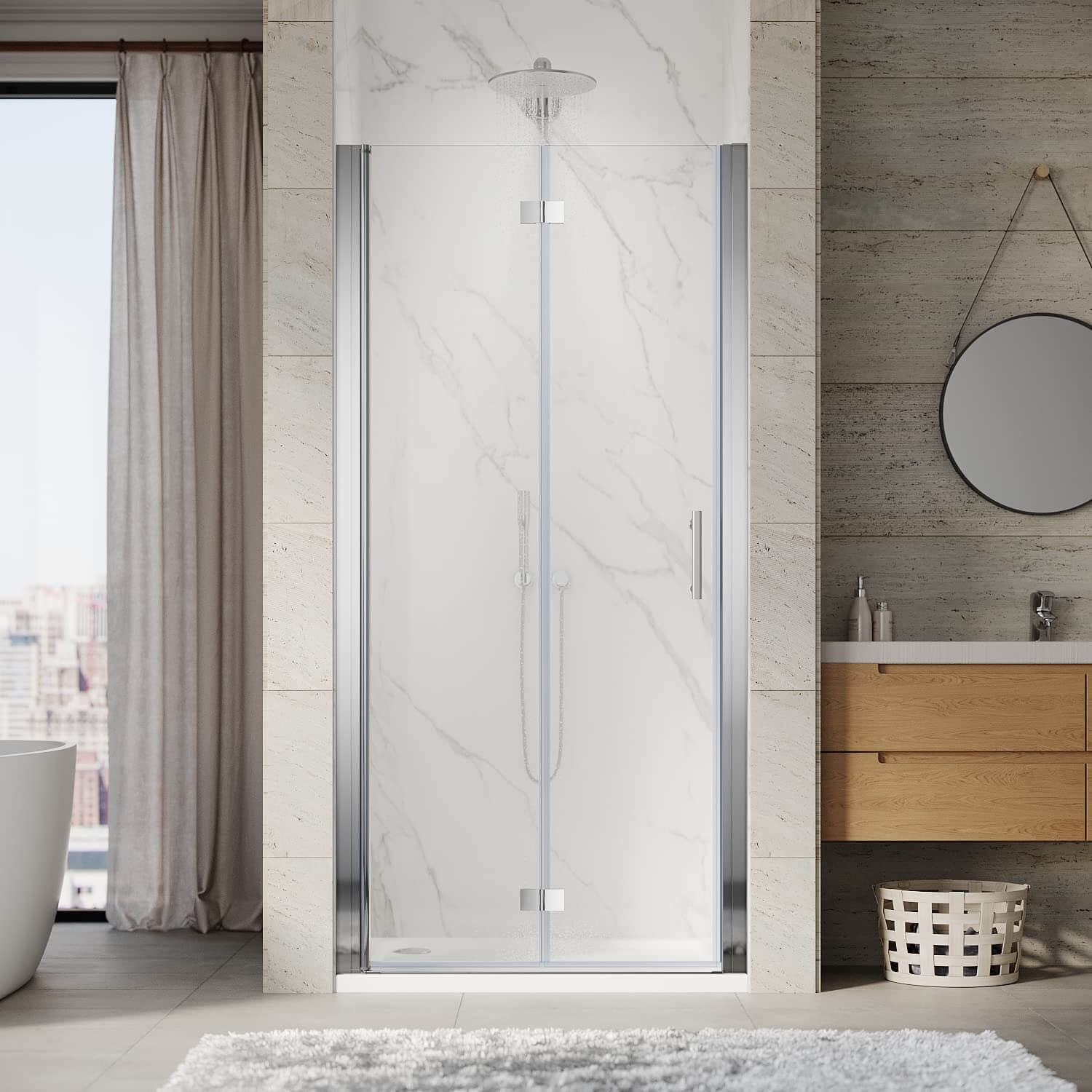 SUNNY SHOWER Semi-Frameless Bifold Shower Door with 1/4 inch Clear Tempered Glass, Chrome Finish