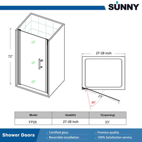 SUNNY SHOWER 28 in. W x 72 in. H Semi-Frameless Pivot Shower Door Size Chart