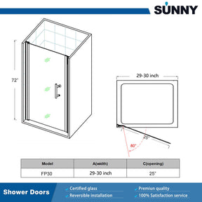 SUNNY SHOWER 30 in. W x 72 in. H Semi-Frameless Pivot Shower Door Size Chart
