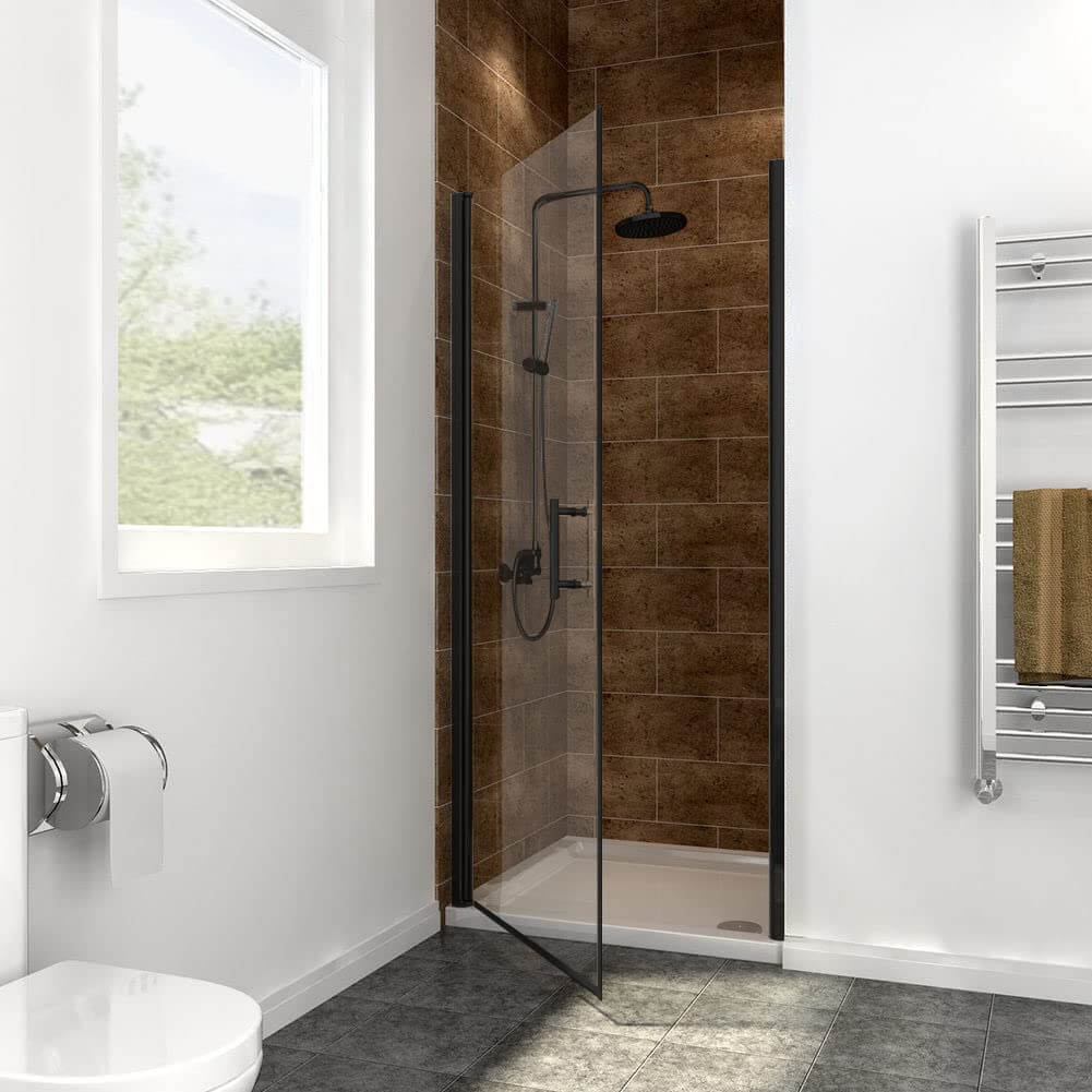 SUNNY SHOWER Semi-Frameless Pivot Shower Door with 1/4 inch Clear Tempered Glass, Black Finish