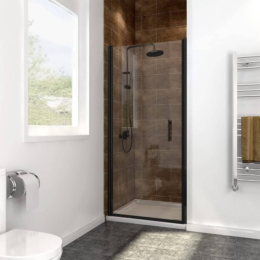 SUNNY SHOWER Semi-Frameless Pivot Shower Door with 1/4 inch Clear Tempered Glass, Black Finish