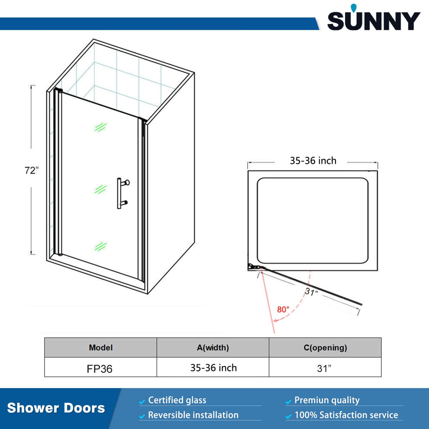 SUNNY SHOWER 36 in. W x 72 in. H Semi-Frameless Pivot Shower Door Size Chart