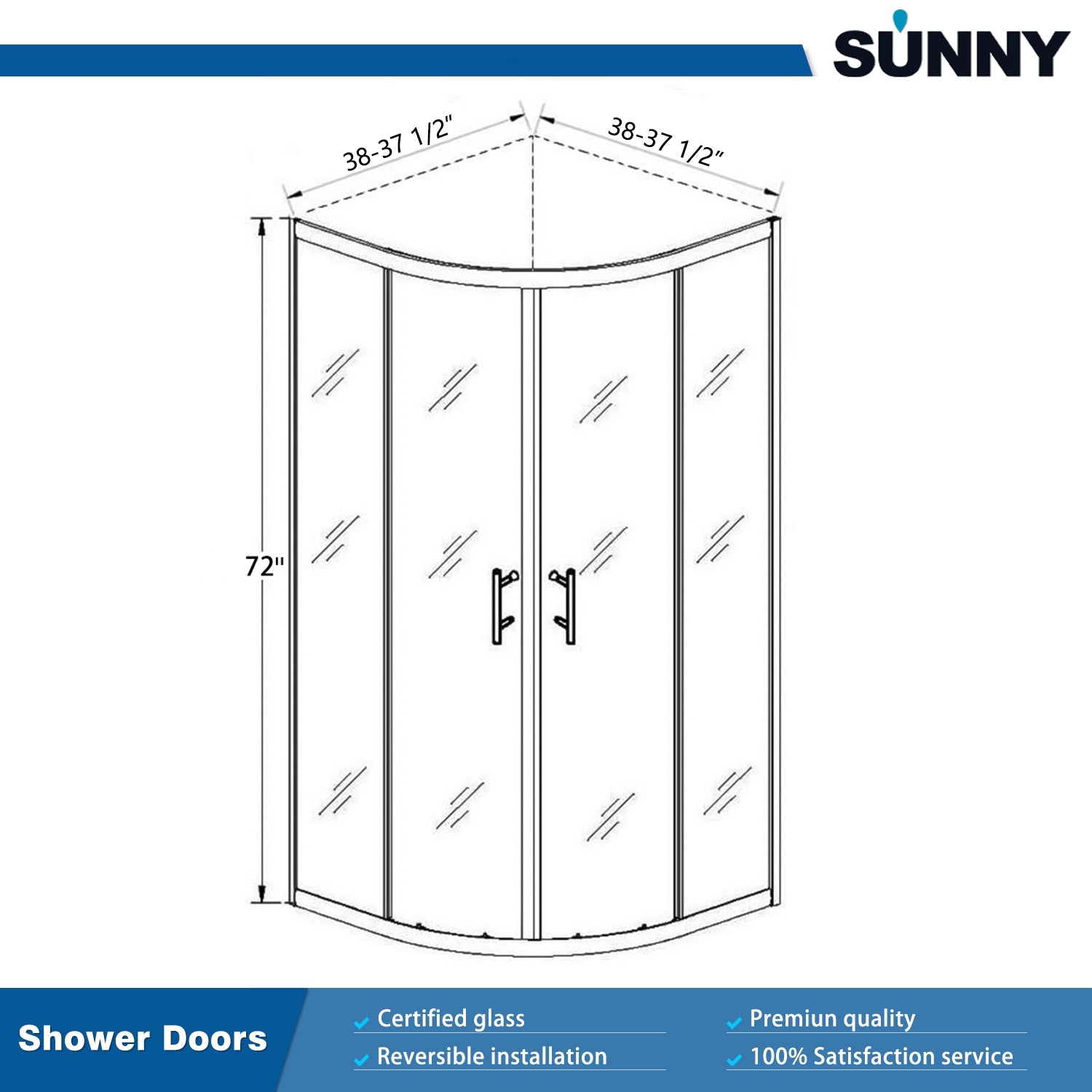 SUNNY SHOWER 38 in. D x 38 in. W x 72 in. H Black Finish Quadrant Enclosures With Sliding Doors Size Chart