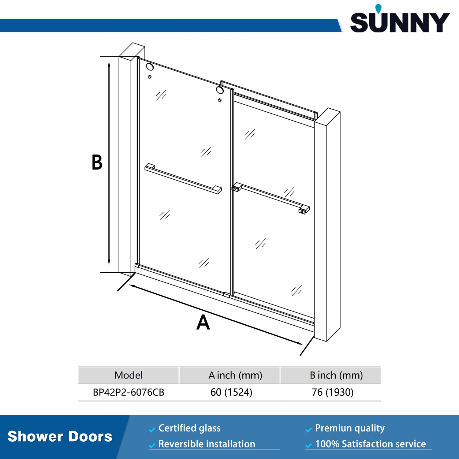 SUNNY SHOWER 60 in. W x 76 in. H Frameless Double Sliding Shower Doors Size Chart