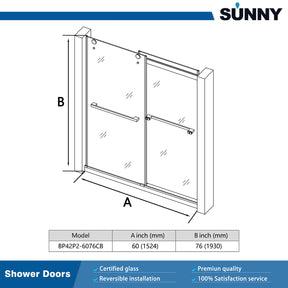 SUNNY SHOWER 60 in. W x 76 in. H Frameless Double Sliding Shower Doors Size Chart