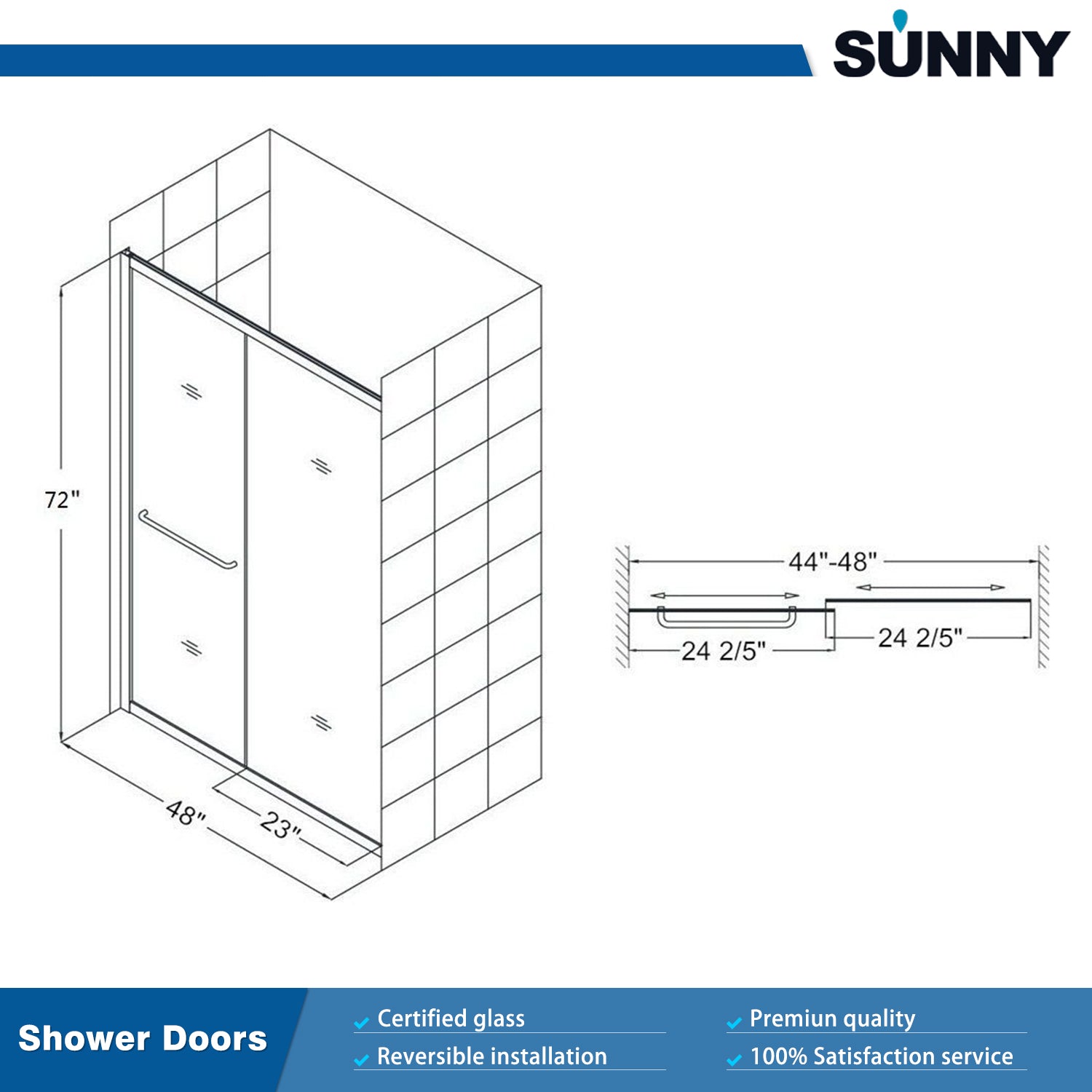 SUNNY SHOWER 48"W x 72"H Double Sliding Shower Door Size Chart