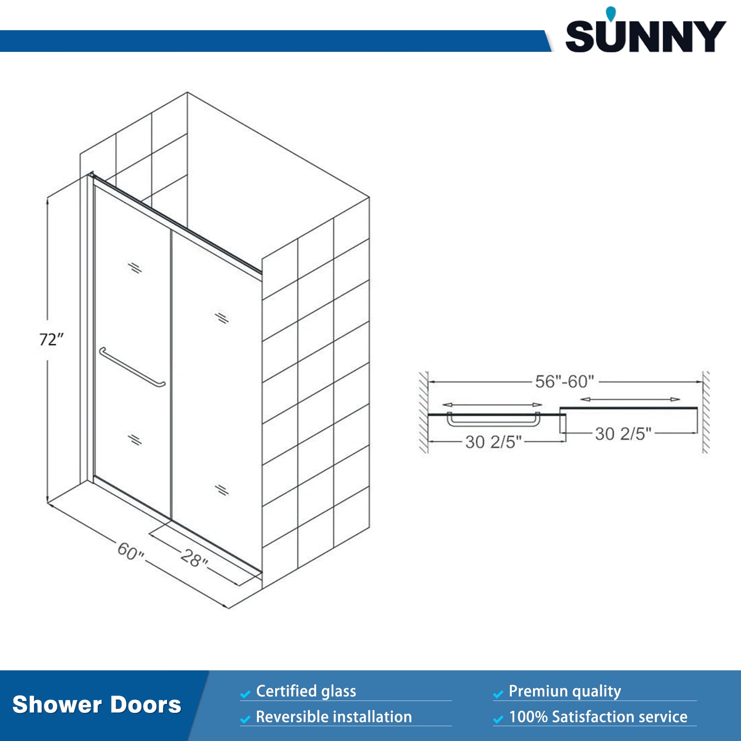 SUNNY SHOWER 60 in. W x 72 in. H Frosted Brushed Nickel Finish Double Sliding Shower Doors Dimensions