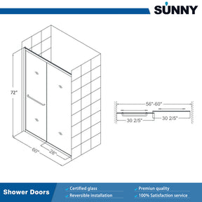 SUNNY SHOWER 60 in. W x 72 in. H Double Sliding Shower Doors Size Chart