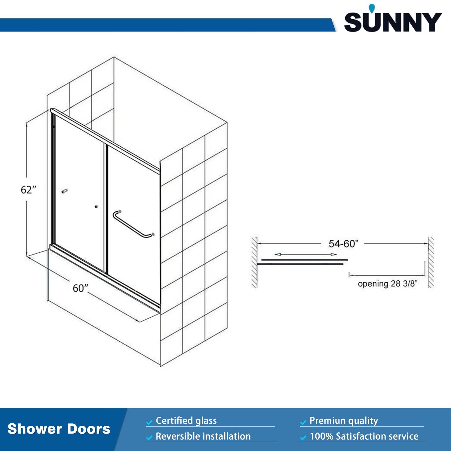 SUNNY SHOWER 60 in. W x 62 in. H Bathtub Double Sliding Doors Dimensions