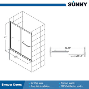 SUNNY SHOWER 60 in. W x 62 in. H Bathtub Double Sliding Doors Size Chart