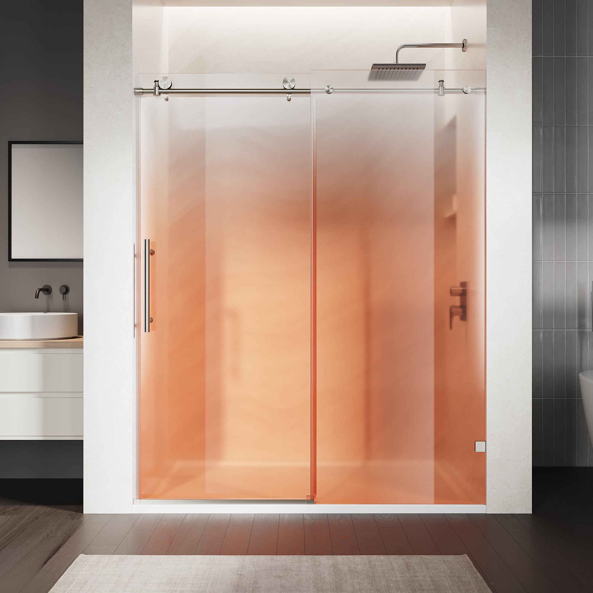 SUNNY SHOWER Custom Gradient Glass Double Sliding Shower Doors, Black Finish / Bright Silver / Brushed Silver