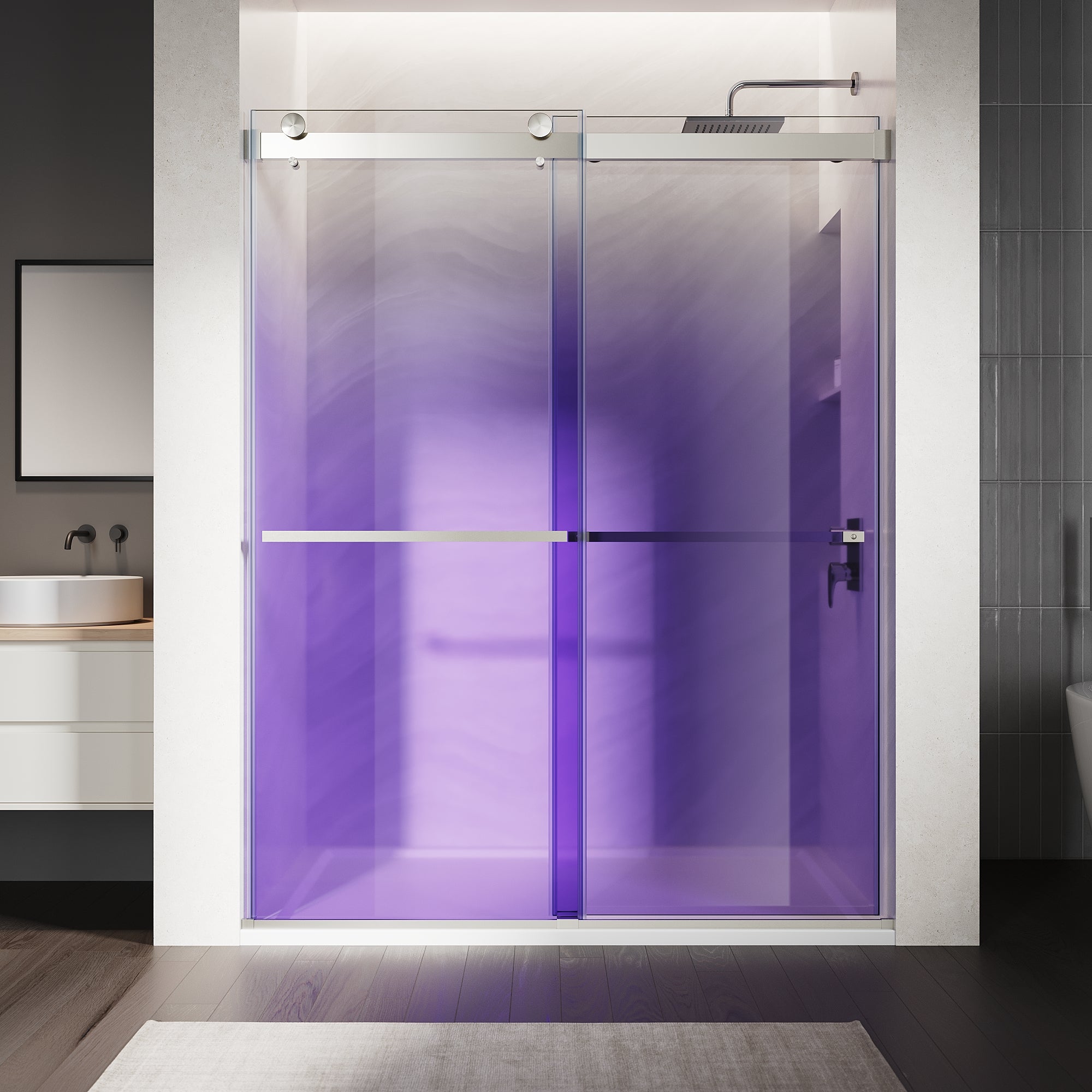 SUNNY SHOWER Custom Gradient Glass Double Sliding Shower Doors, Multi-Size & Multi-Finish Options