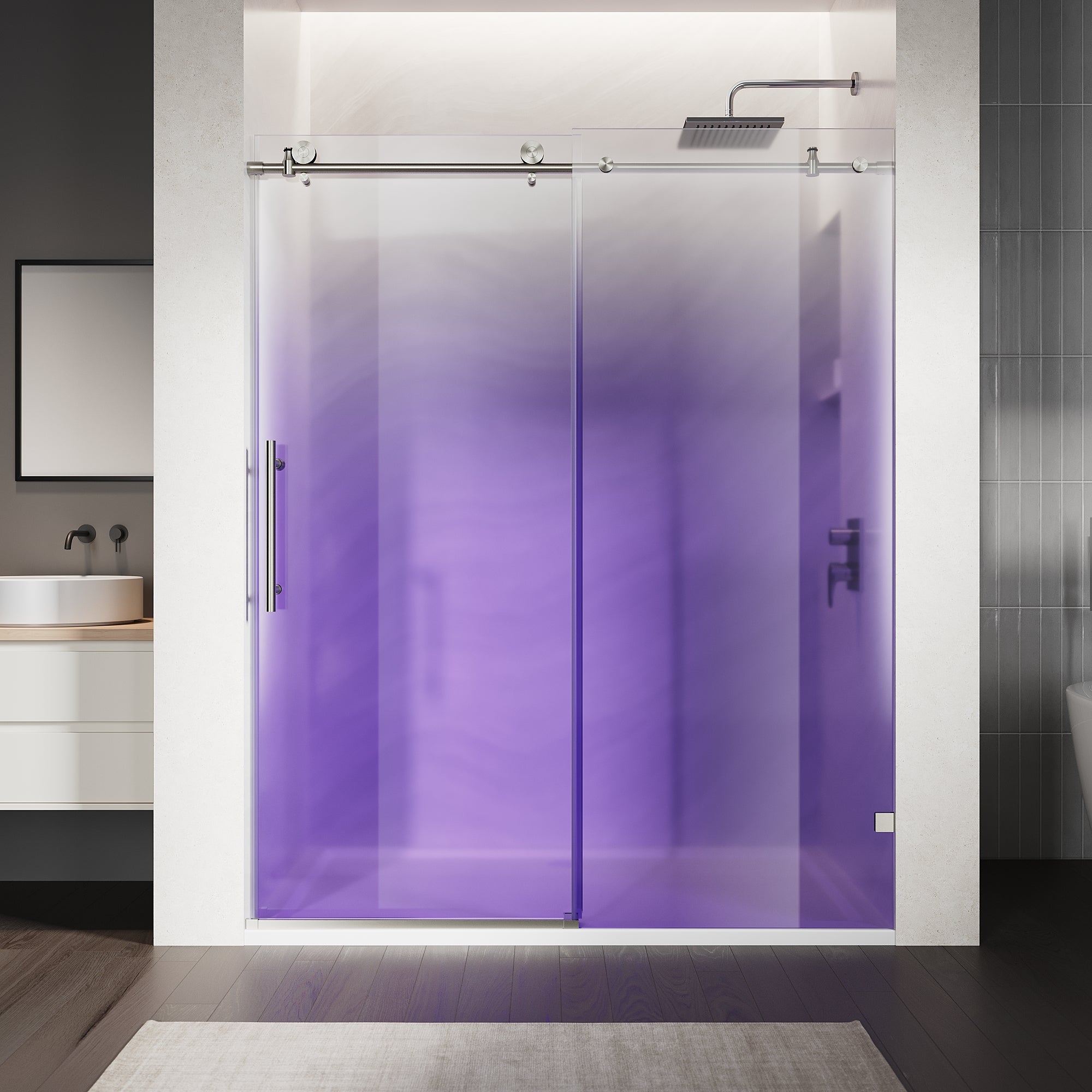 SUNNY SHOWER Custom Gradient Glass Double Sliding Shower Doors, Black Finish / Bright Silver / Brushed Silver