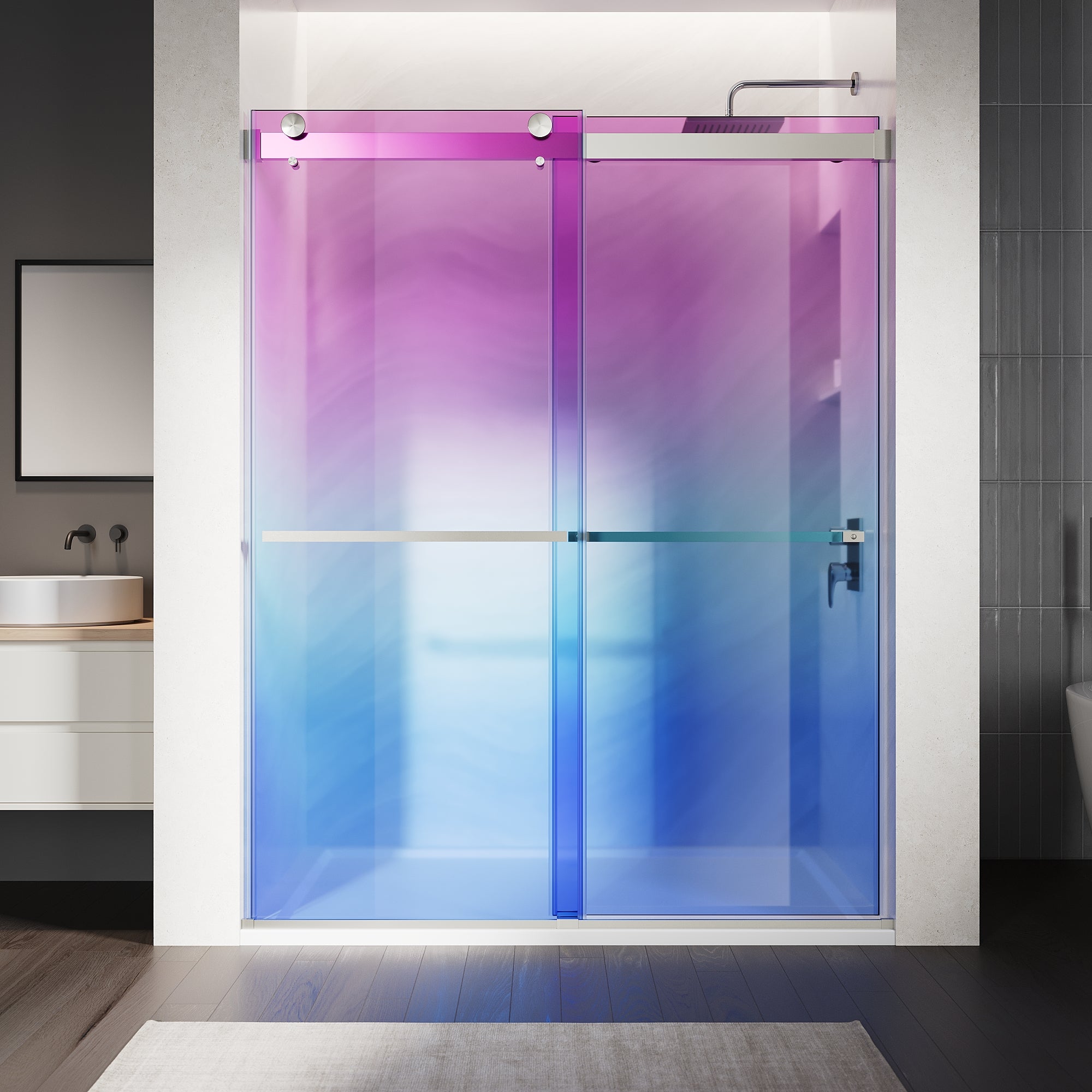 SUNNY SHOWER Custom Gradient Glass Double Sliding Shower Doors, Multi-Size & Multi-Finish Options