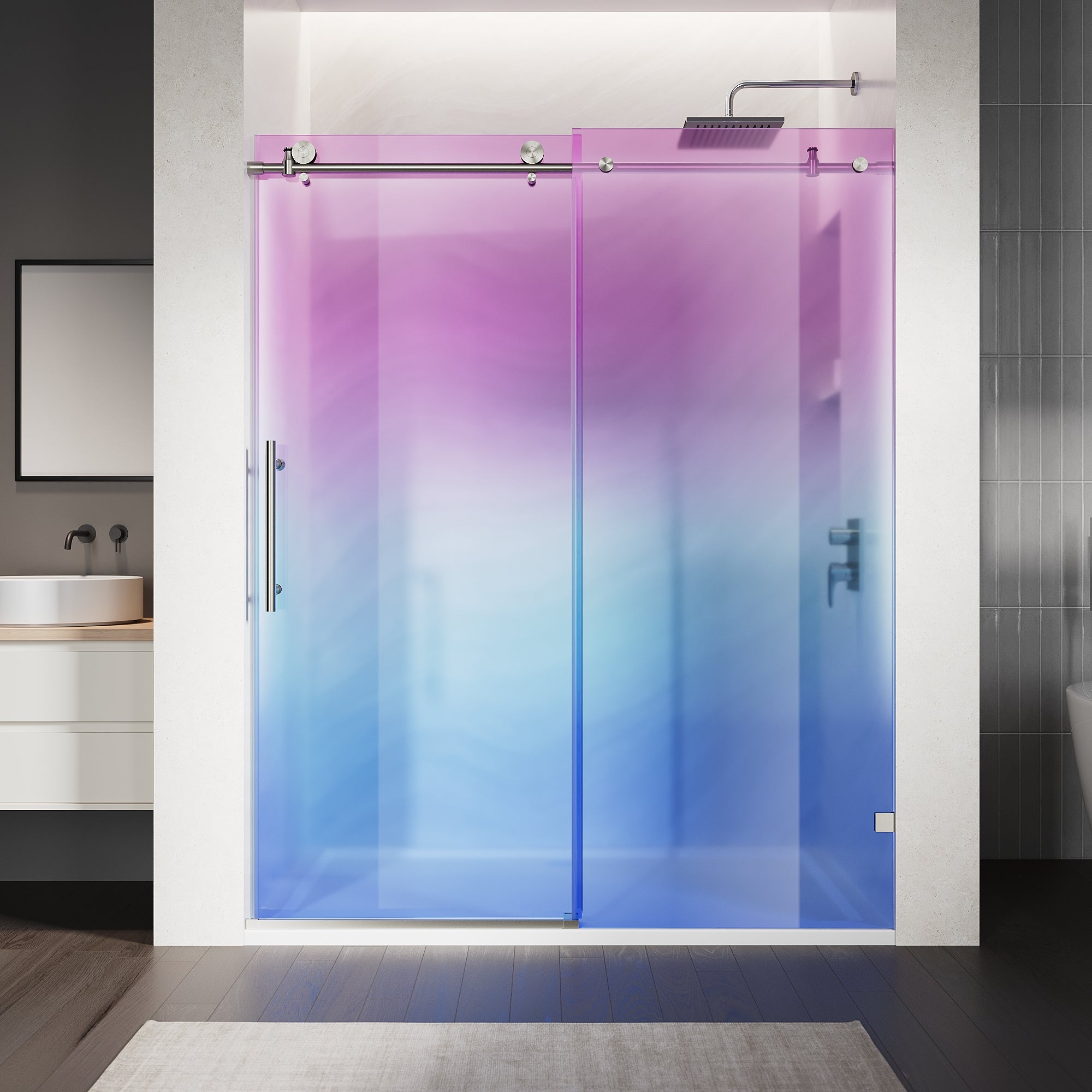 SUNNY SHOWER Custom Gradient Glass Double Sliding Shower Doors, Black Finish / Bright Silver / Brushed Silver