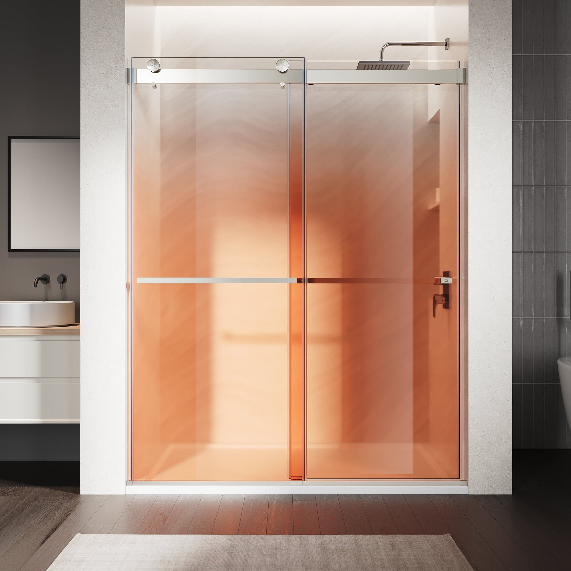 SUNNY SHOWER Custom Gradient Glass Double Sliding Shower Doors, Multi-Size & Multi-Finish Options