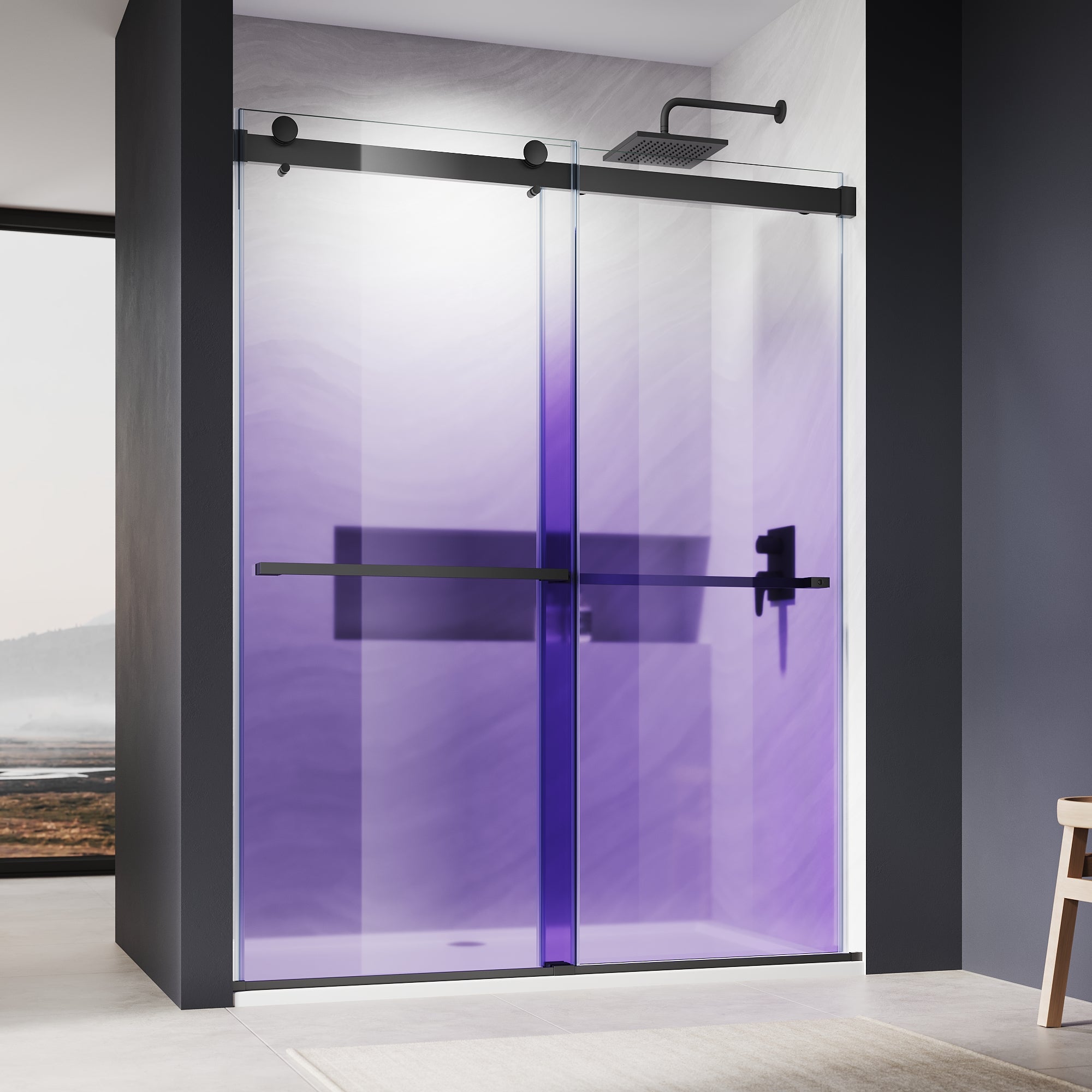 SUNNY SHOWER Custom Gradient Glass Double Sliding Shower Doors, Multi-Size & Multi-Finish Options