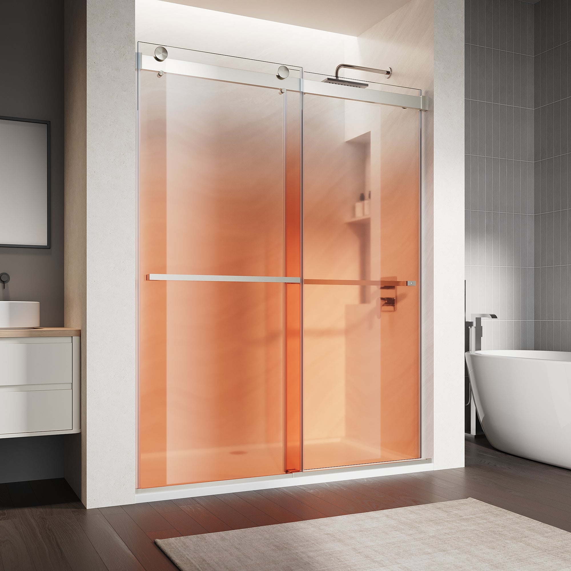 SUNNY SHOWER Custom Gradient Glass Double Sliding Shower Doors, Multi-Size & Multi-Finish Options