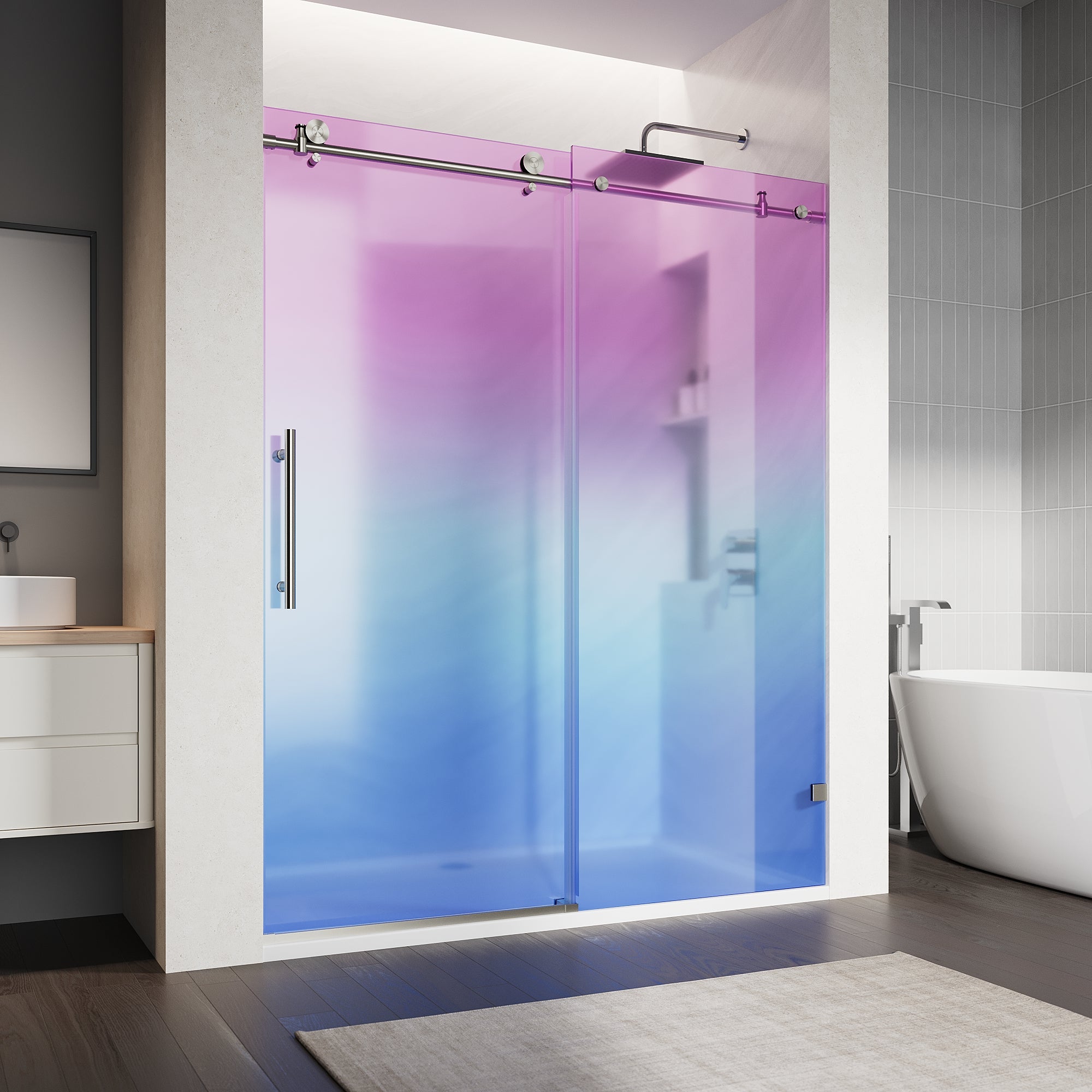 SUNNY SHOWER Custom Gradient Glass Double Sliding Shower Doors, Black Finish / Bright Silver / Brushed Silver