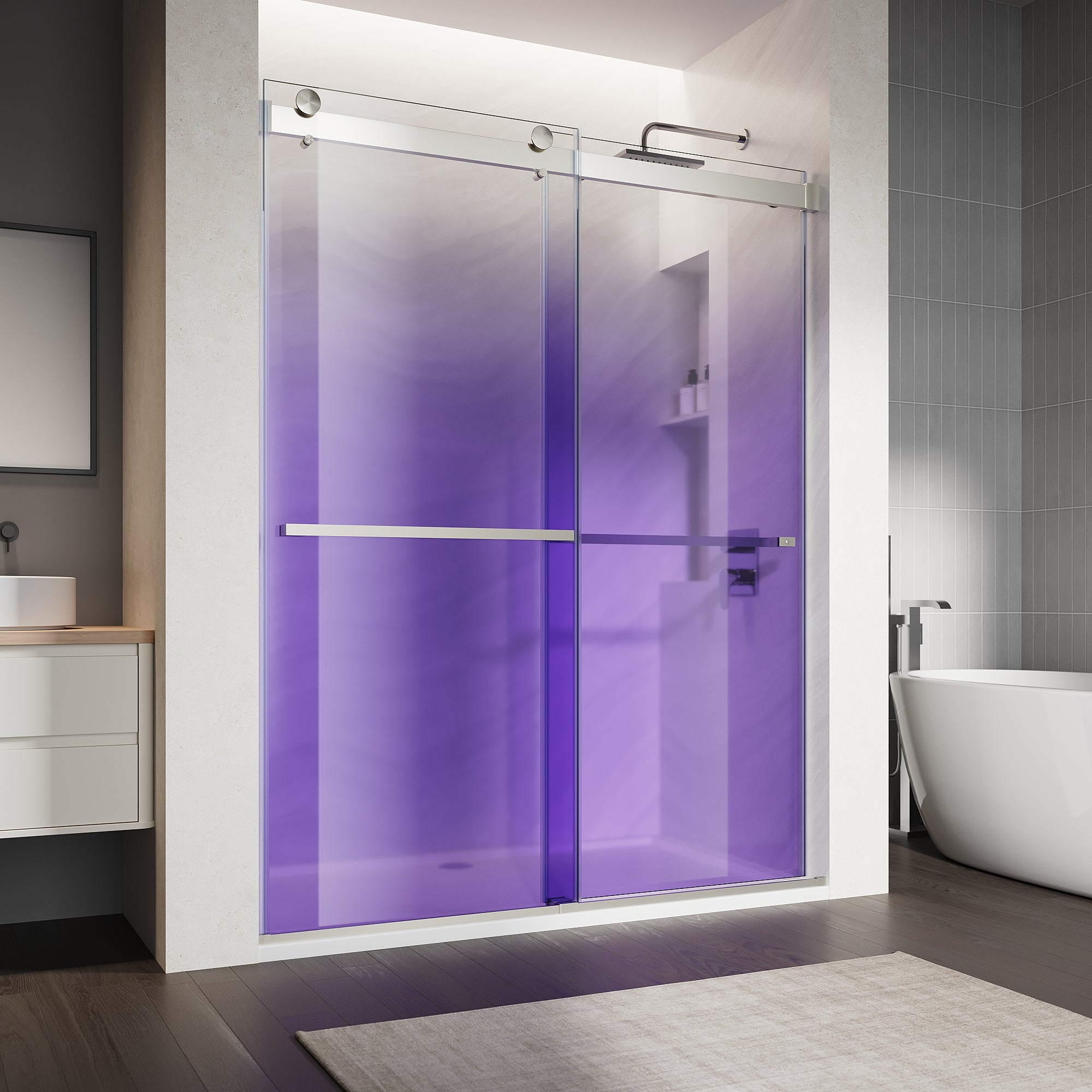 SUNNY SHOWER Custom Gradient Glass Double Sliding Shower Doors, Multi-Size & Multi-Finish Options