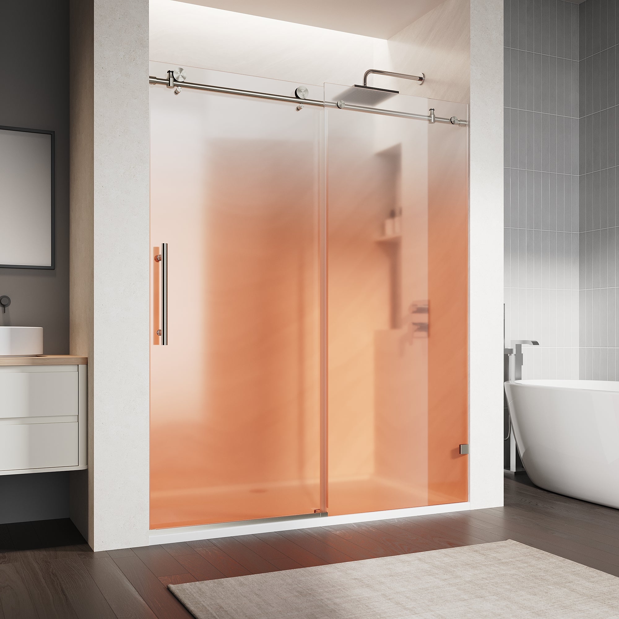 SUNNY SHOWER Custom Gradient Glass Double Sliding Shower Doors, Black Finish / Bright Silver / Brushed Silver