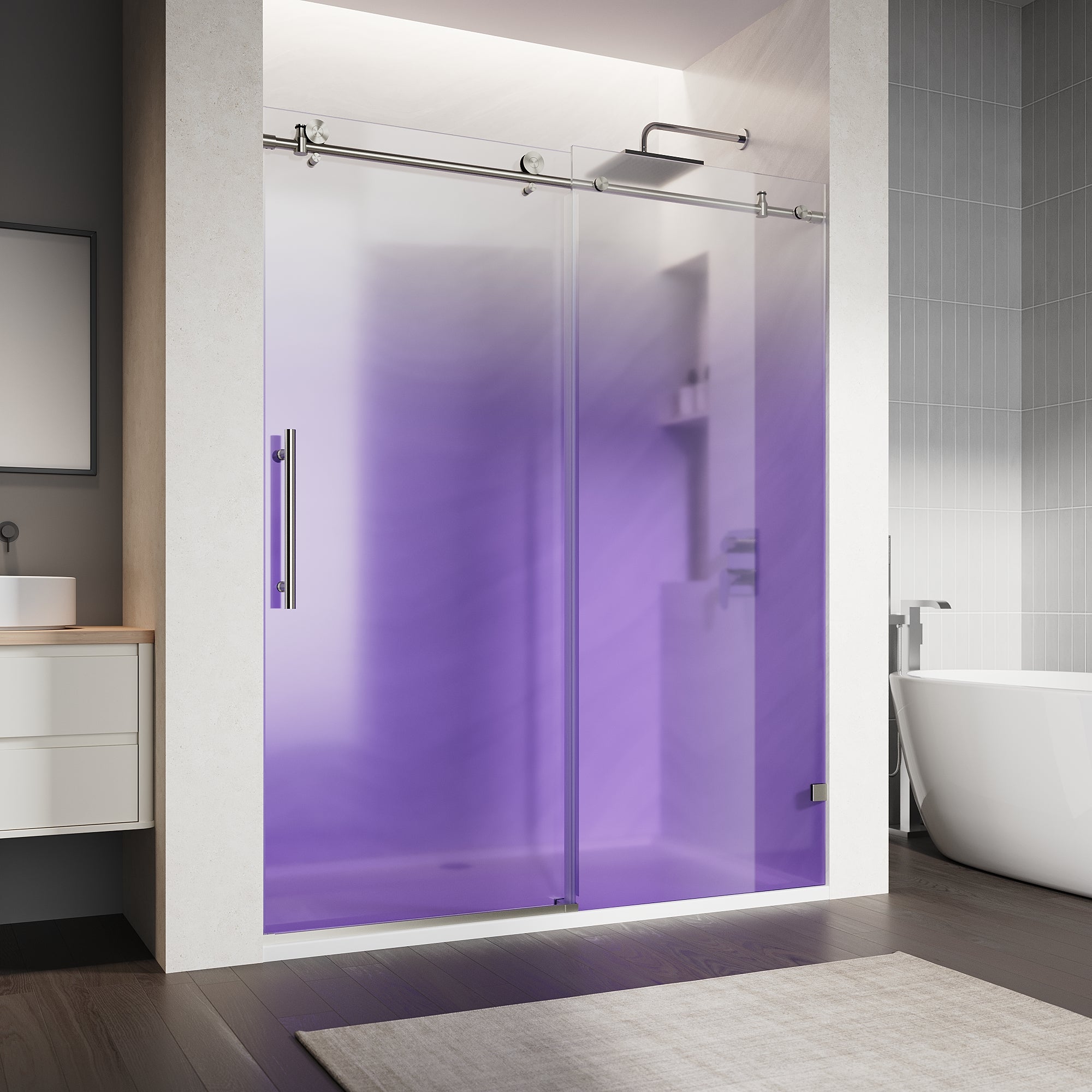 SUNNY SHOWER Custom Gradient Glass Double Sliding Shower Doors, Black Finish / Bright Silver / Brushed Silver
