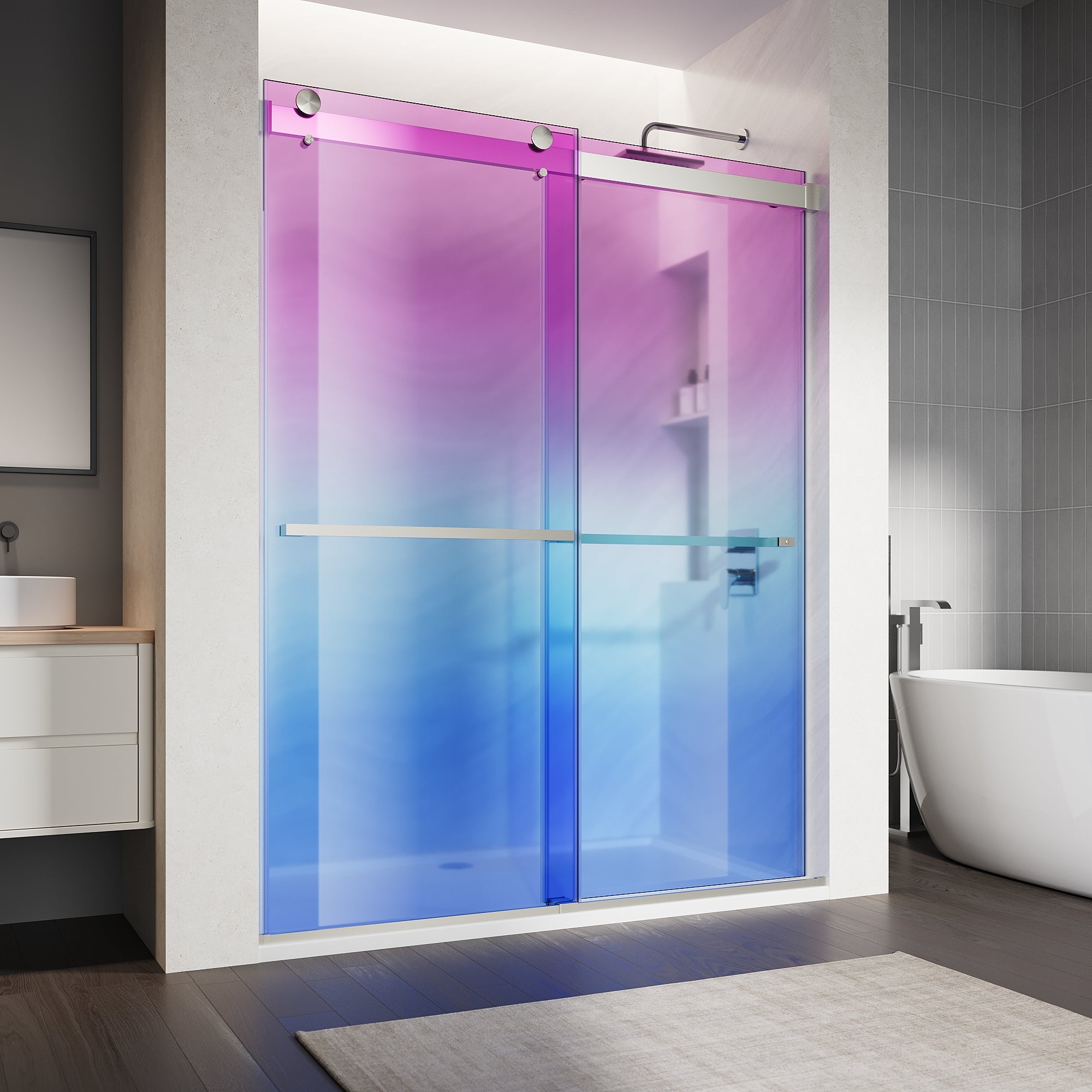 SUNNY SHOWER Custom Gradient Glass Double Sliding Shower Doors, Multi-Size & Multi-Finish Options
