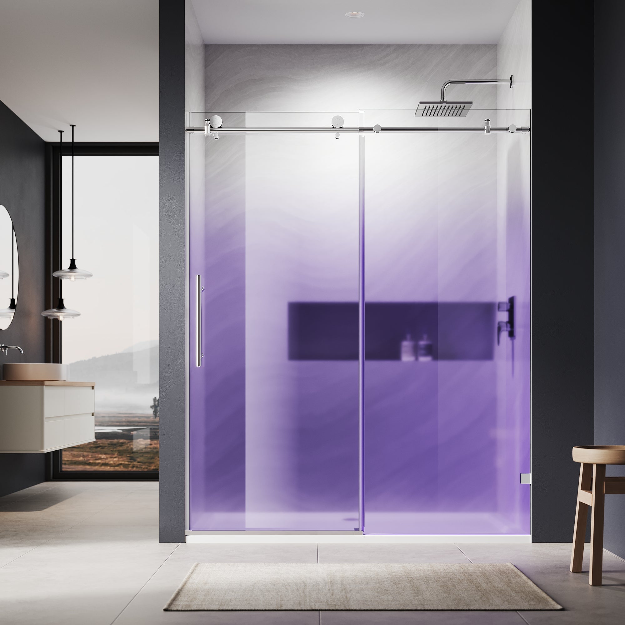 SUNNY SHOWER Custom Gradient Glass Double Sliding Shower Doors, Black Finish / Bright Silver / Brushed Silver