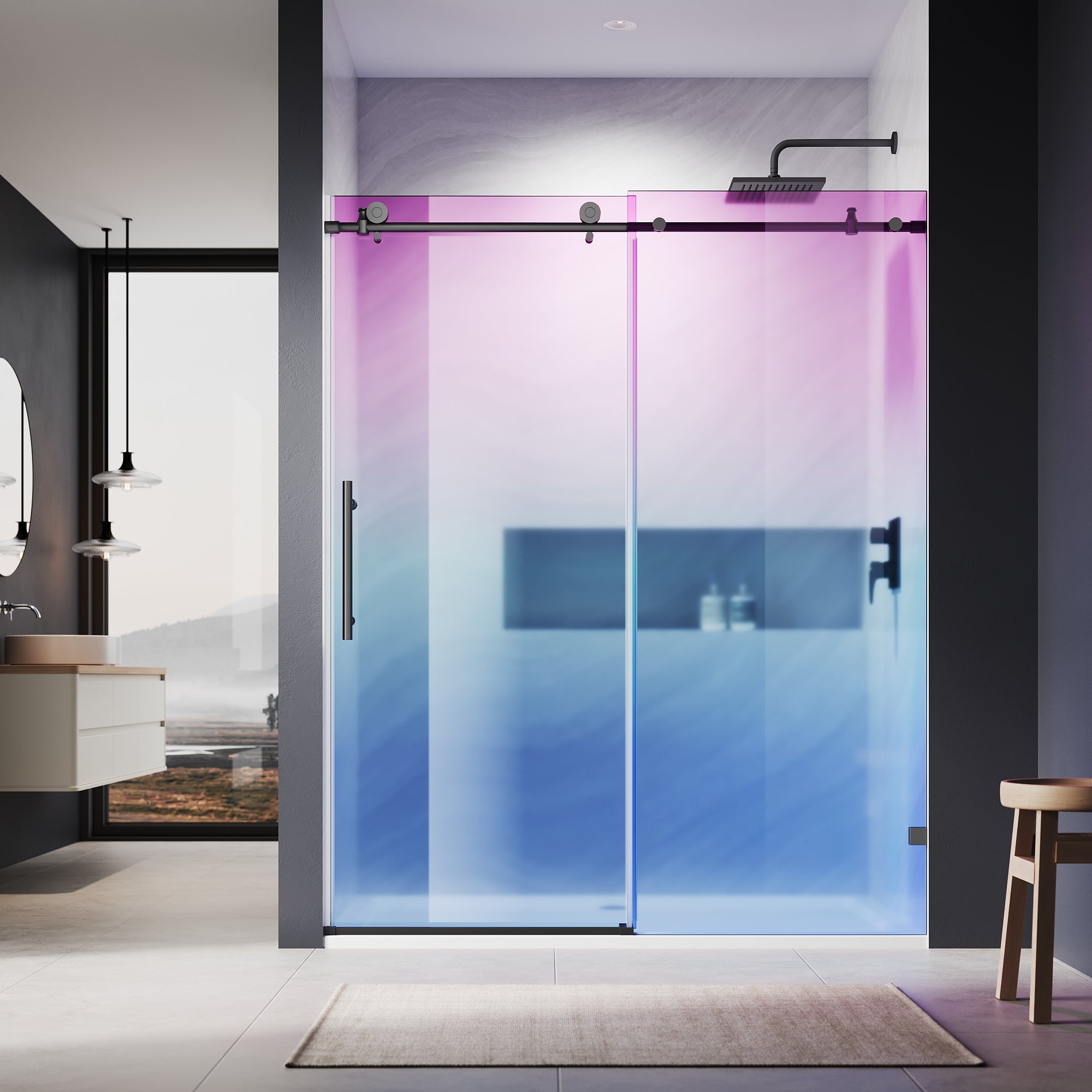 SUNNY SHOWER Custom Gradient Glass Double Sliding Shower Doors, Black Finish / Bright Silver / Brushed Silver