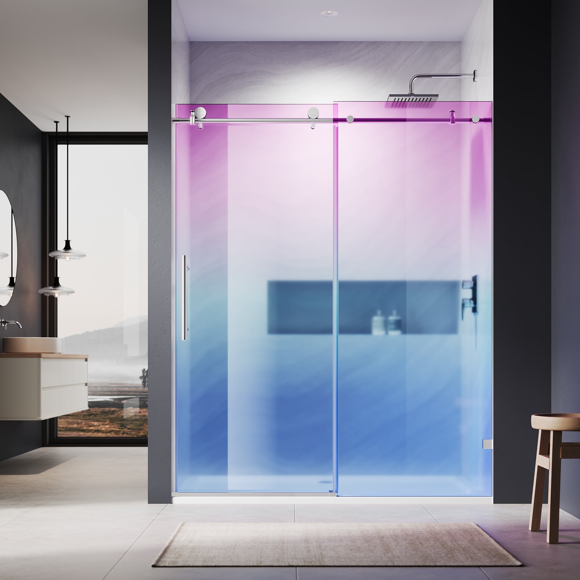 SUNNY SHOWER Custom Gradient Glass Double Sliding Shower Doors, Black Finish / Bright Silver / Brushed Silver