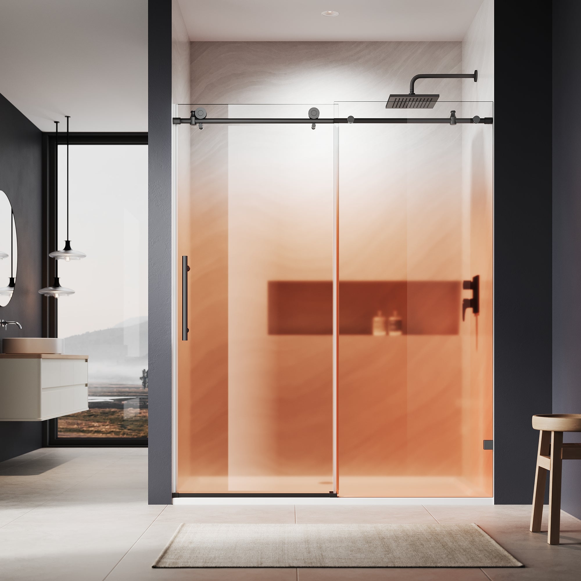 SUNNY SHOWER Custom Gradient Glass Double Sliding Shower Doors, Black Finish / Bright Silver / Brushed Silver