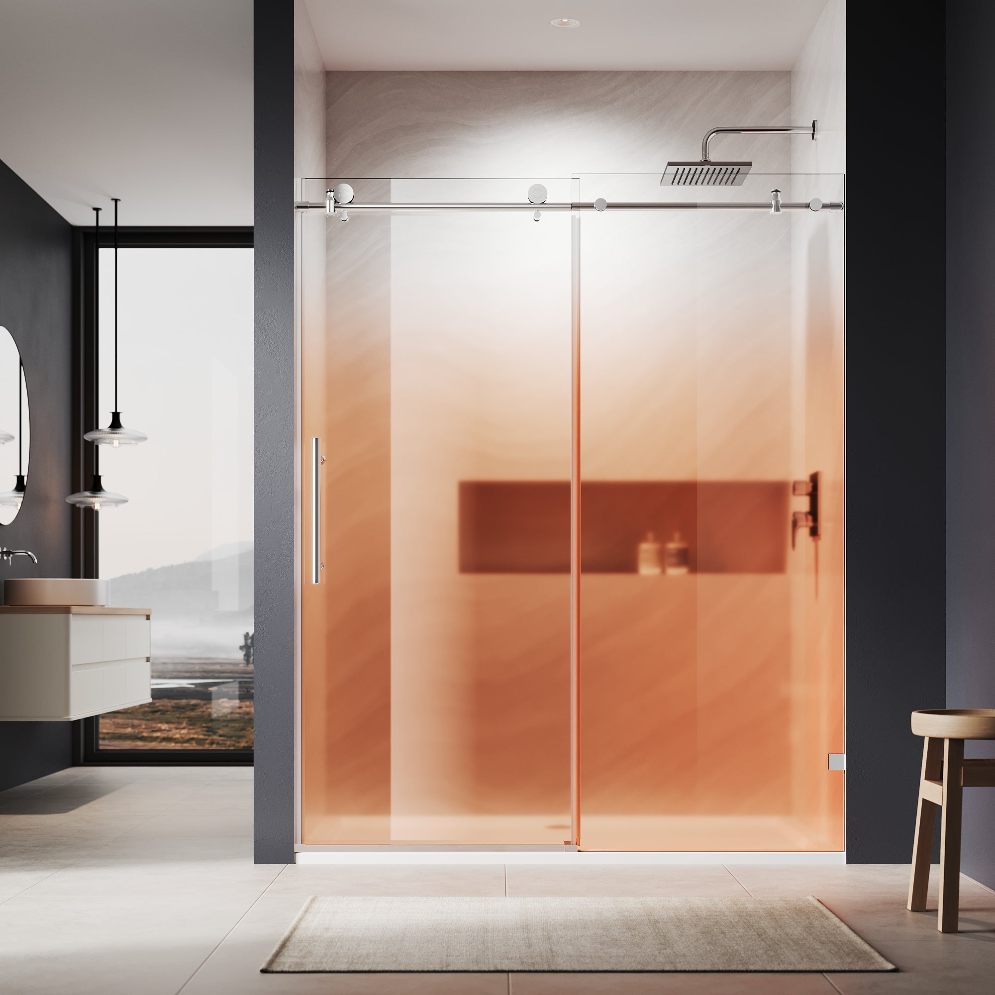 SUNNY SHOWER Custom Gradient Glass Double Sliding Shower Doors, Black Finish / Bright Silver / Brushed Silver