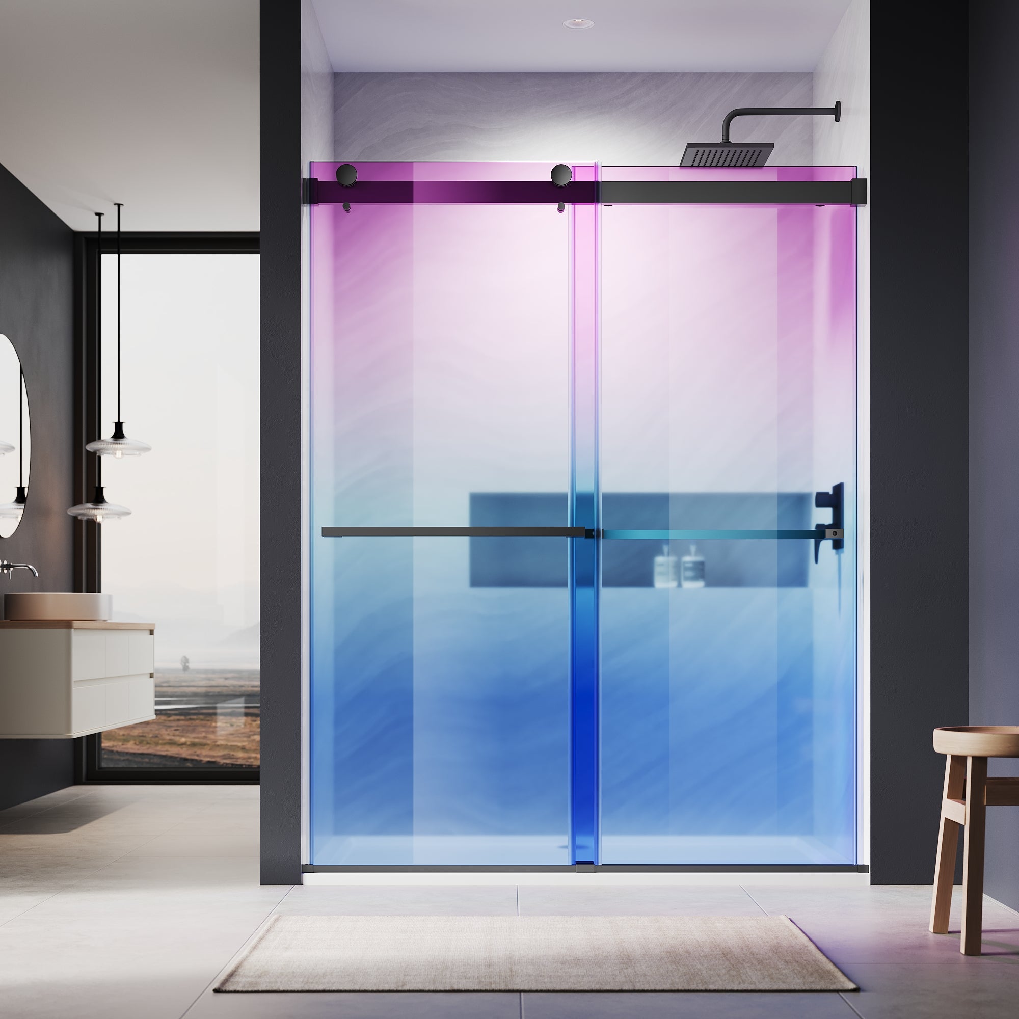 SUNNY SHOWER Custom Gradient Glass Double Sliding Shower Doors, Multi-Size & Multi-Finish Options