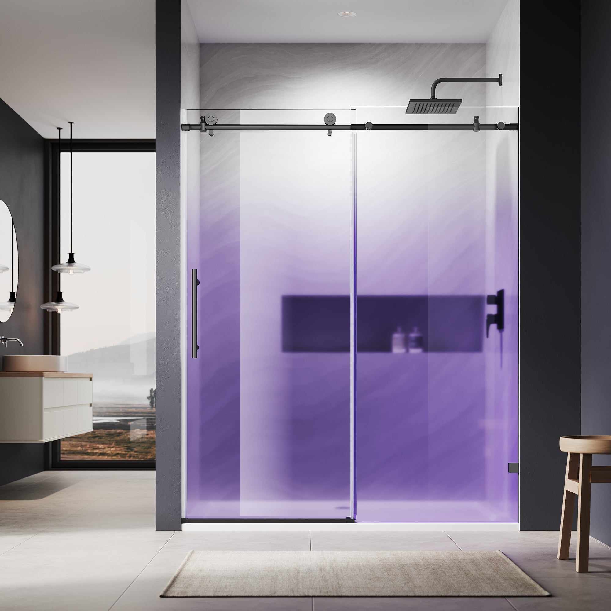 SUNNY SHOWER Custom Gradient Glass Double Sliding Shower Doors, Black Finish / Bright Silver / Brushed Silver