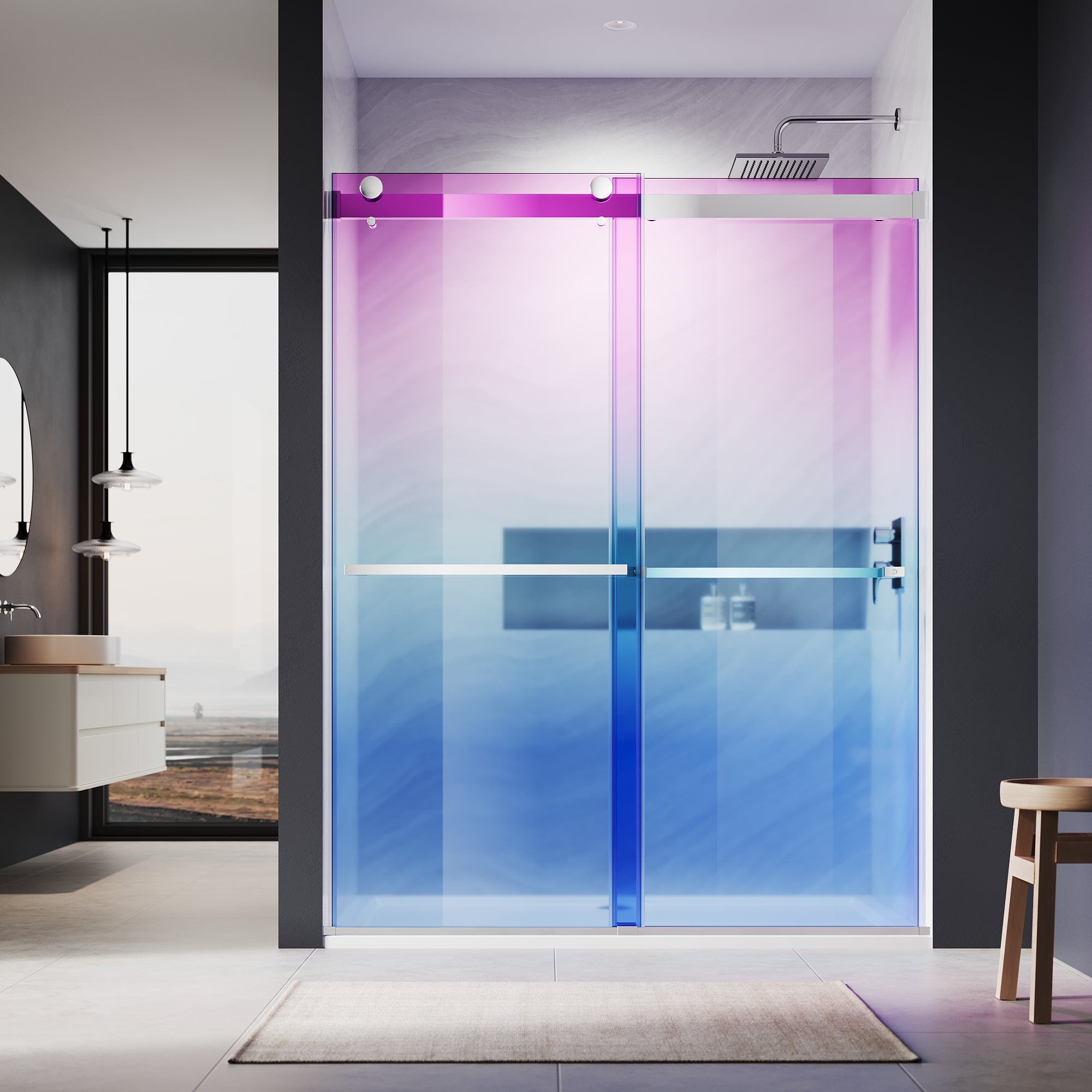 SUNNY SHOWER Custom Gradient Glass Double Sliding Shower Doors, Multi-Size & Multi-Finish Options