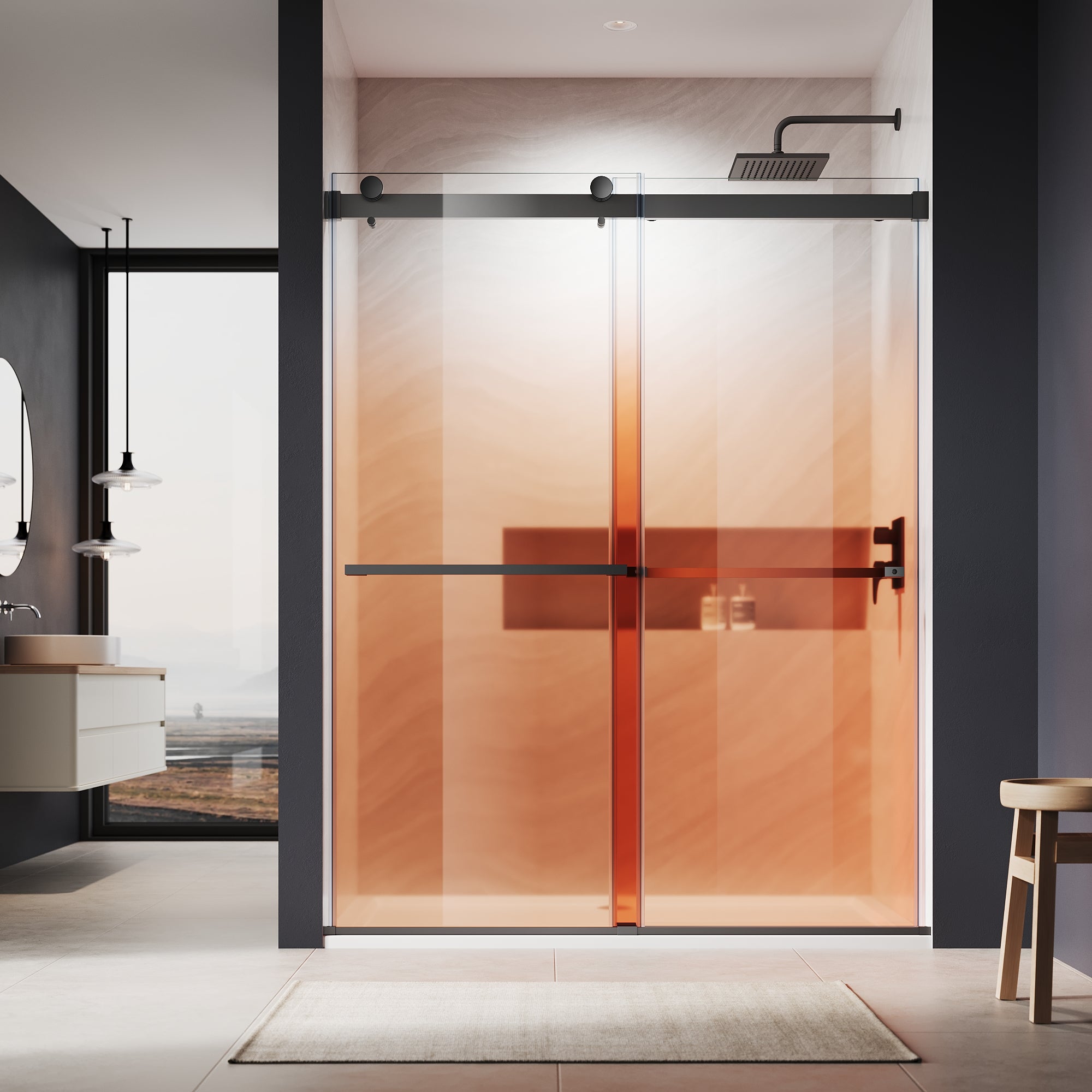 SUNNY SHOWER Custom Gradient Glass Double Sliding Shower Doors, Multi-Size & Multi-Finish Options