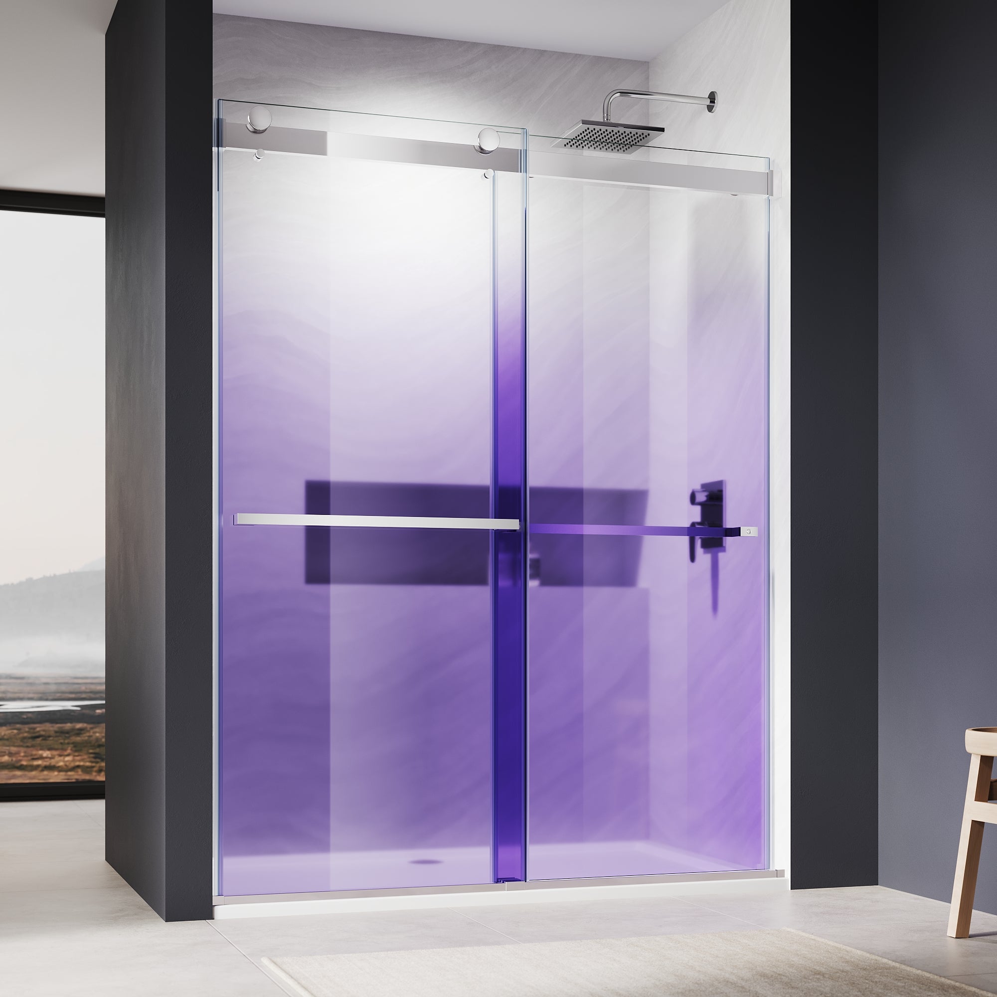 SUNNY SHOWER Custom Gradient Glass Double Sliding Shower Doors, Multi-Size & Multi-Finish Options