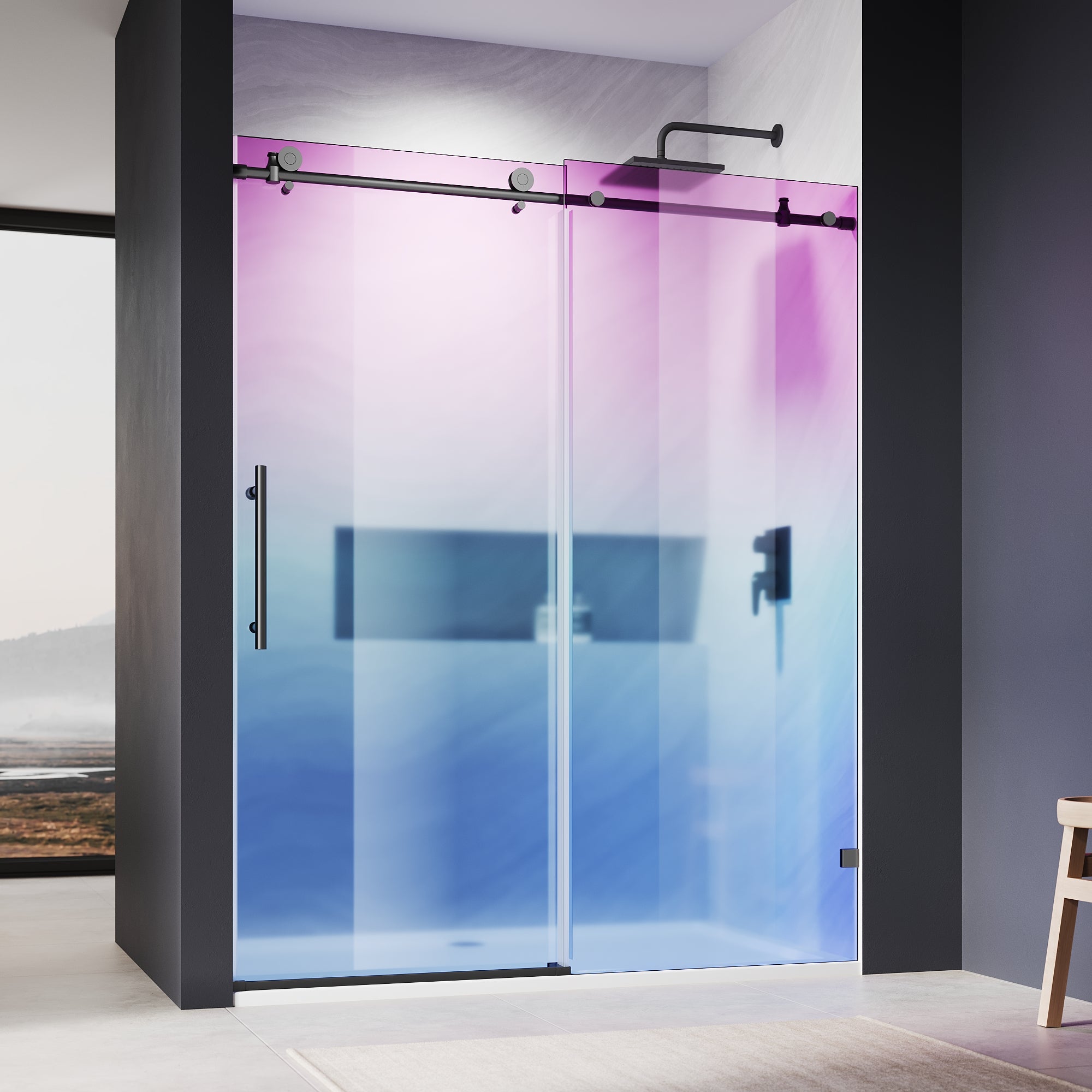 SUNNY SHOWER Custom Gradient Glass Double Sliding Shower Doors, Black Finish / Bright Silver / Brushed Silver