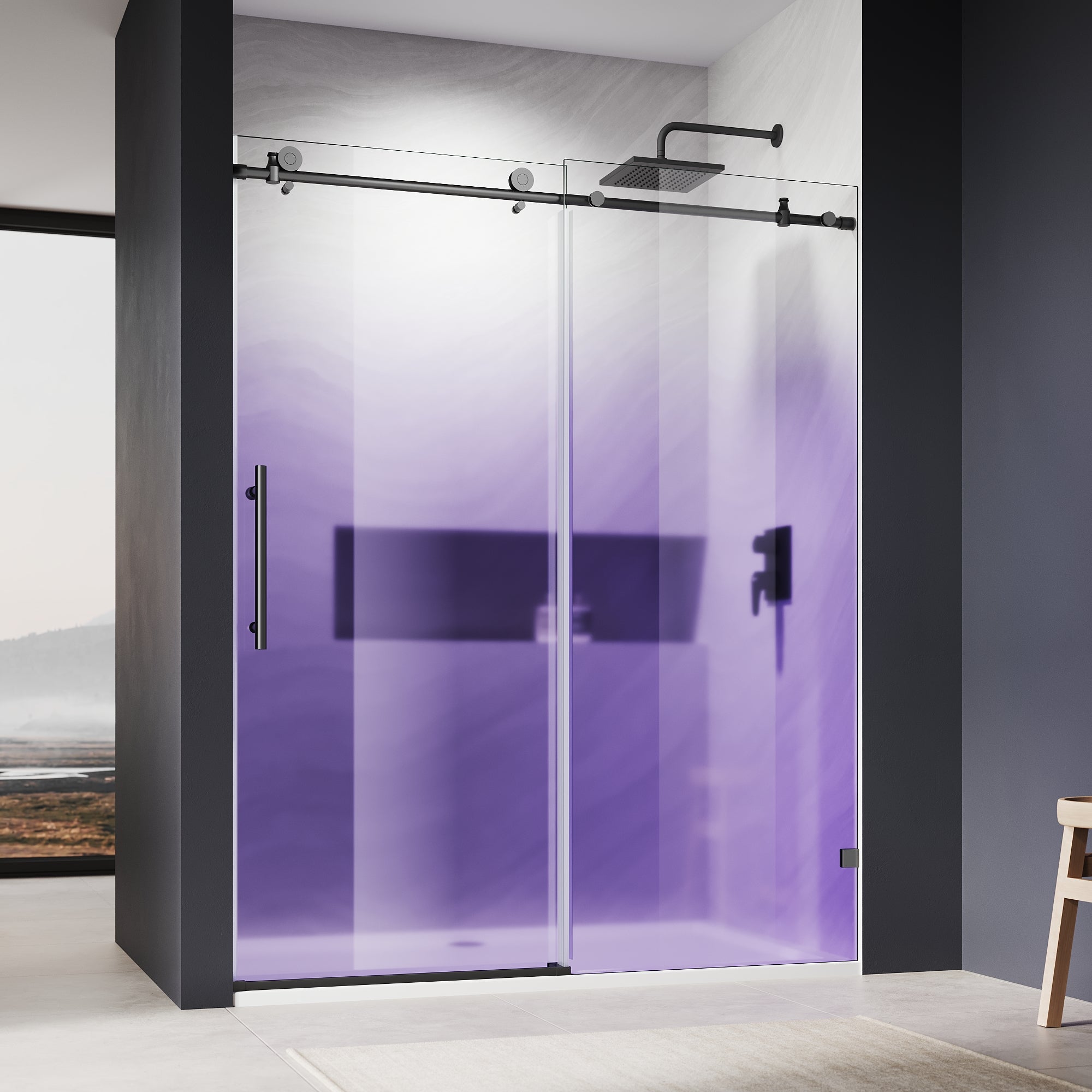 SUNNY SHOWER Custom Gradient Glass Double Sliding Shower Doors, Black Finish / Bright Silver / Brushed Silver