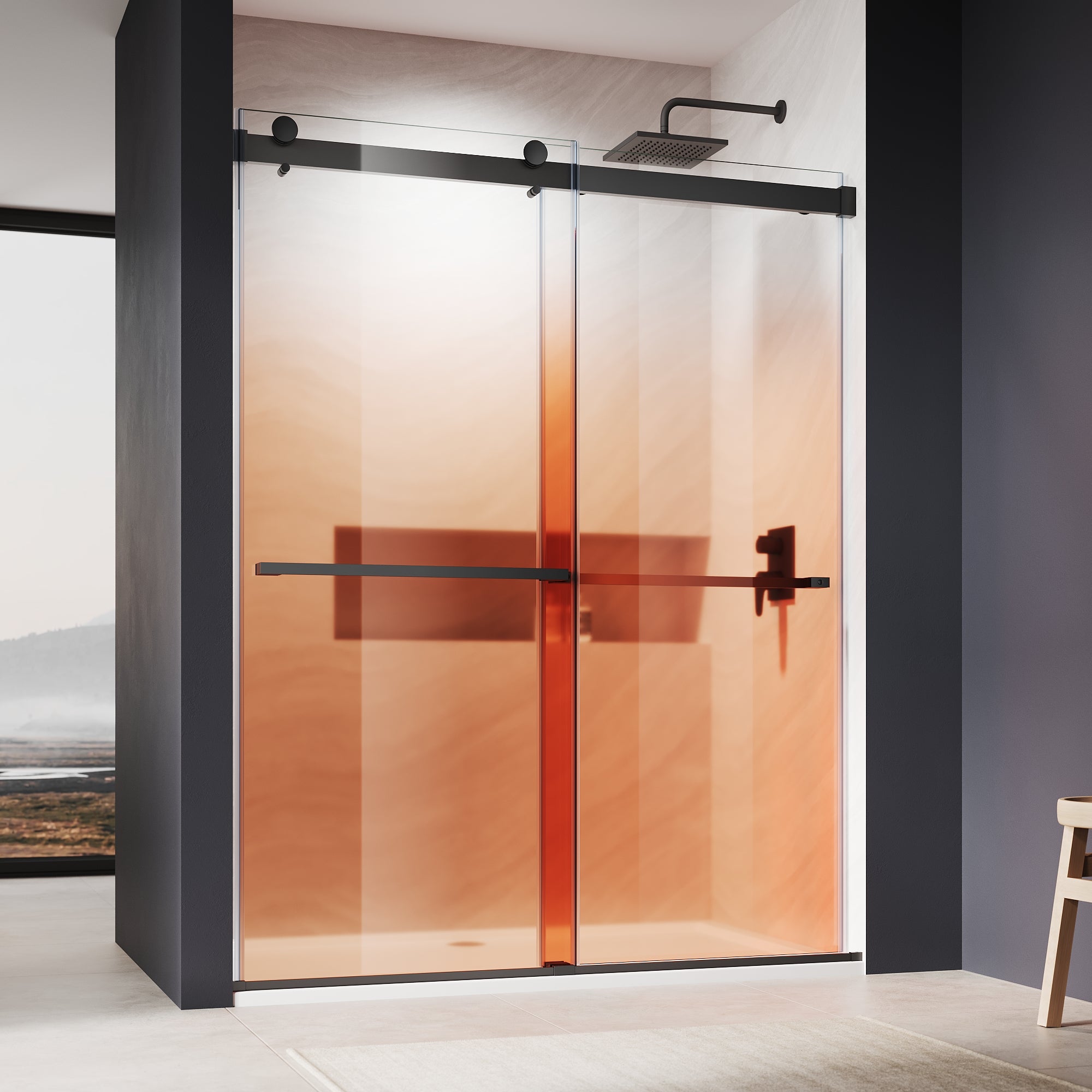 SUNNY SHOWER Custom Gradient Glass Double Sliding Shower Doors, Multi-Size & Multi-Finish Options