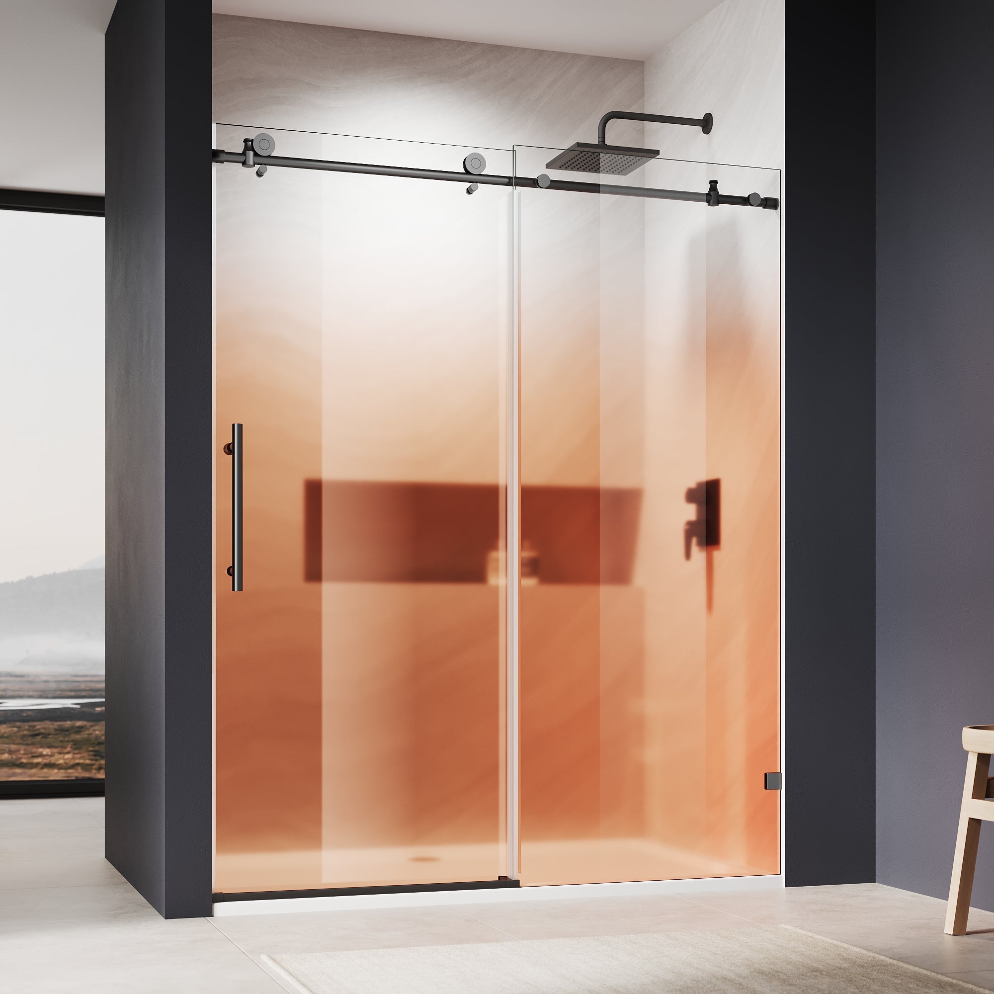 SUNNY SHOWER Custom Gradient Glass Double Sliding Shower Doors, Black Finish / Bright Silver / Brushed Silver