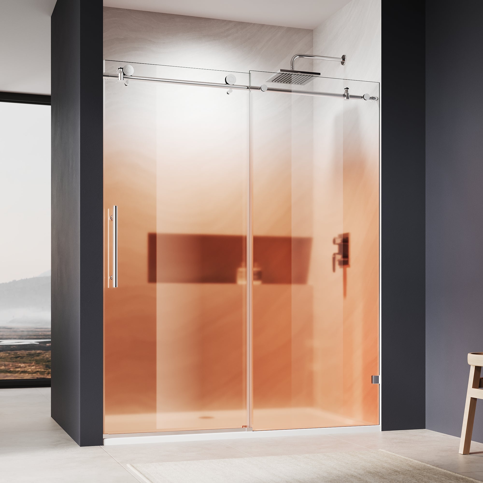 SUNNY SHOWER Custom Gradient Glass Double Sliding Shower Doors, Black Finish / Bright Silver / Brushed Silver