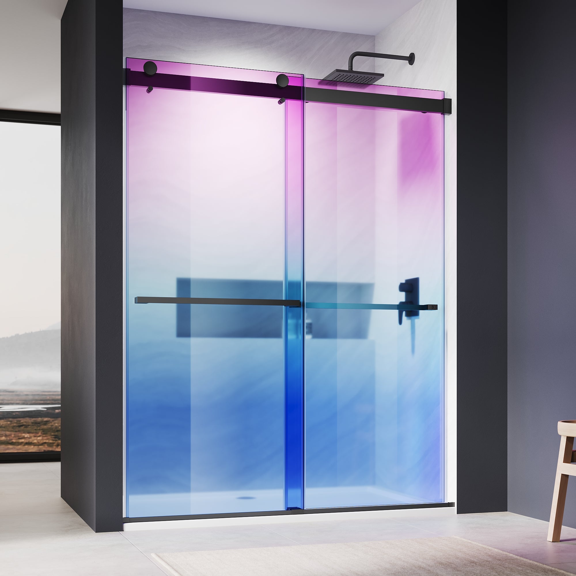 SUNNY SHOWER Custom Gradient Glass Double Sliding Shower Doors, Multi-Size & Multi-Finish Options