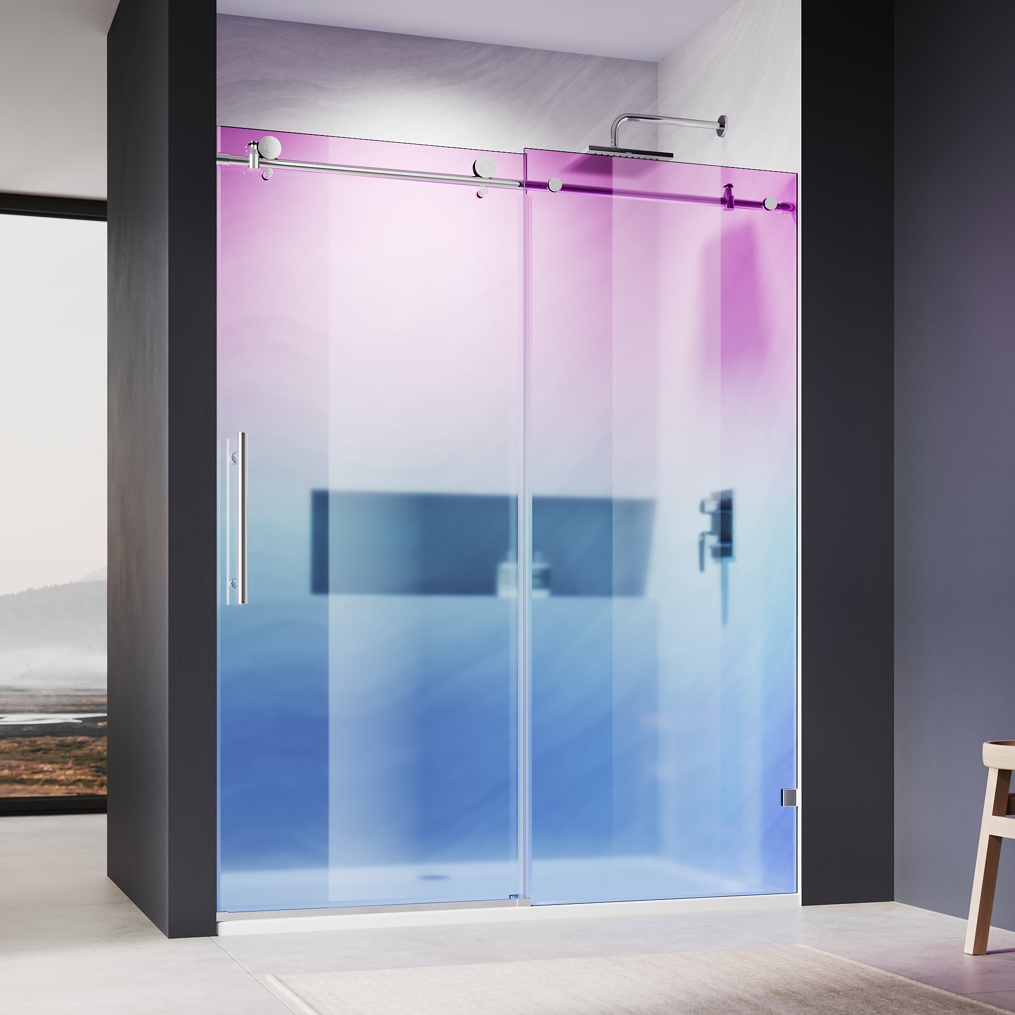 SUNNY SHOWER Custom Gradient Glass Double Sliding Shower Doors, Black Finish / Bright Silver / Brushed Silver