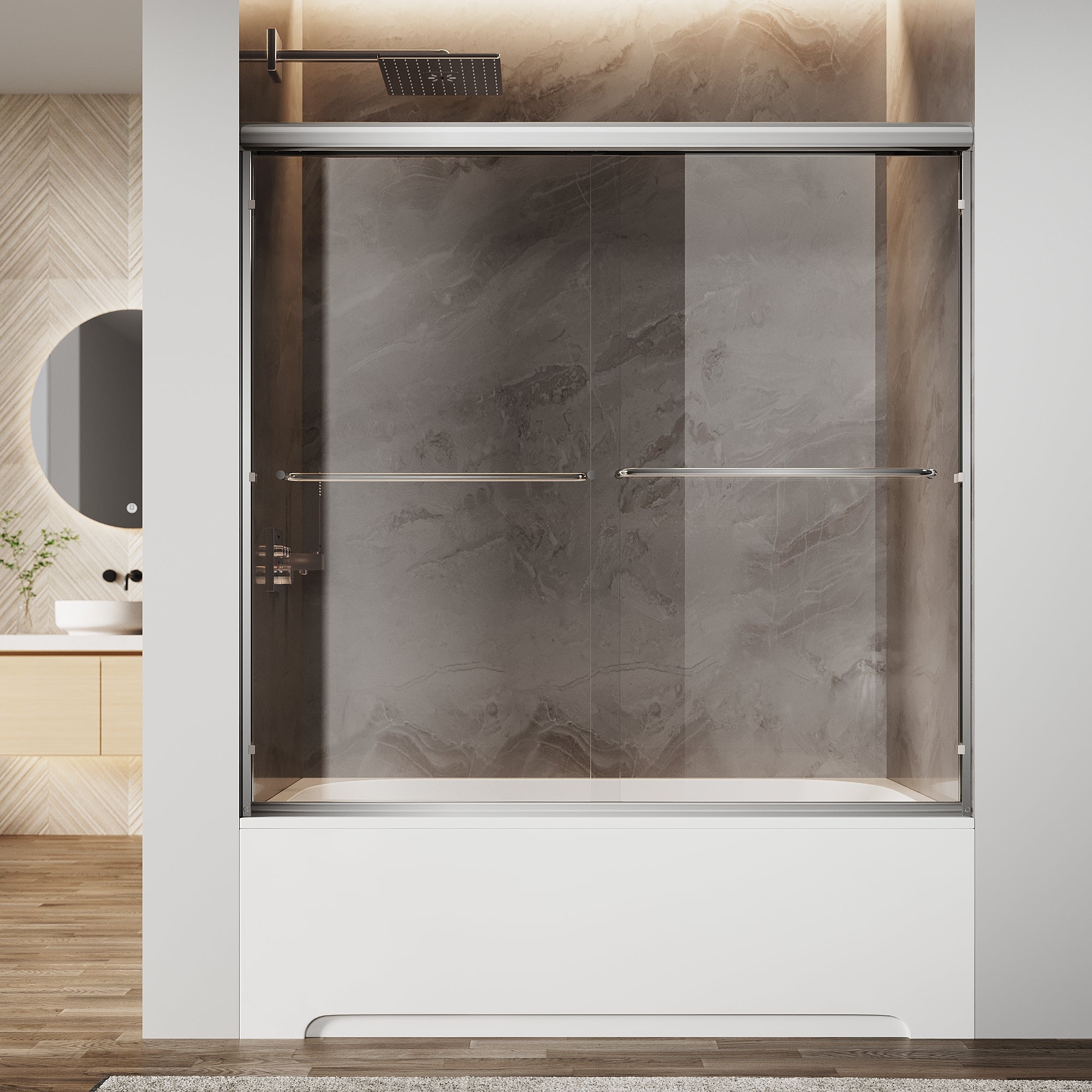 Sunny Shower Double Sliding Bathtub Door 60 in.W x 57 in.H Framed with 1/4 in. Clear Tempered Glass