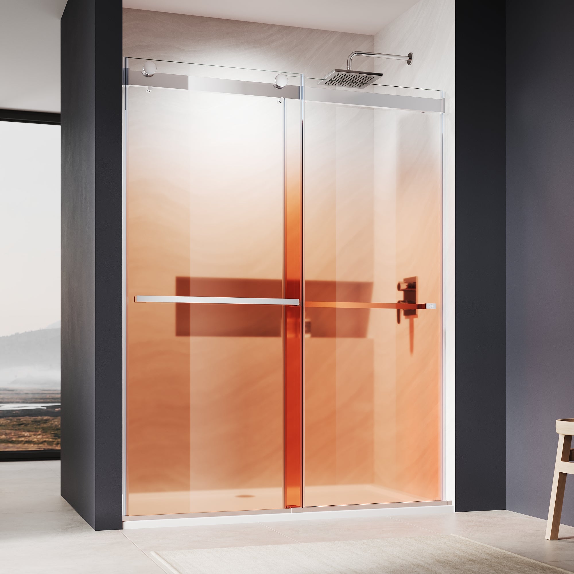 SUNNY SHOWER Custom Gradient Glass Double Sliding Shower Doors, Multi-Size & Multi-Finish Options